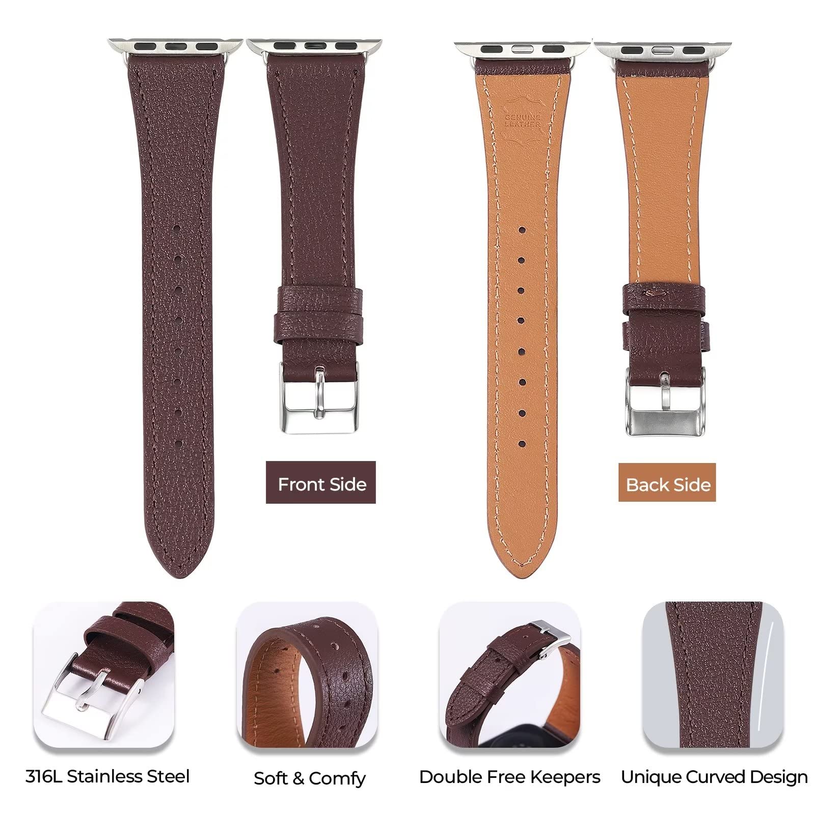 Handodo Women Slim Leather Band Compatible With Apple Watch Series 9/8/7/6/5/4/3/2/1/Se   Top Grain Calfskin Leather Replacement