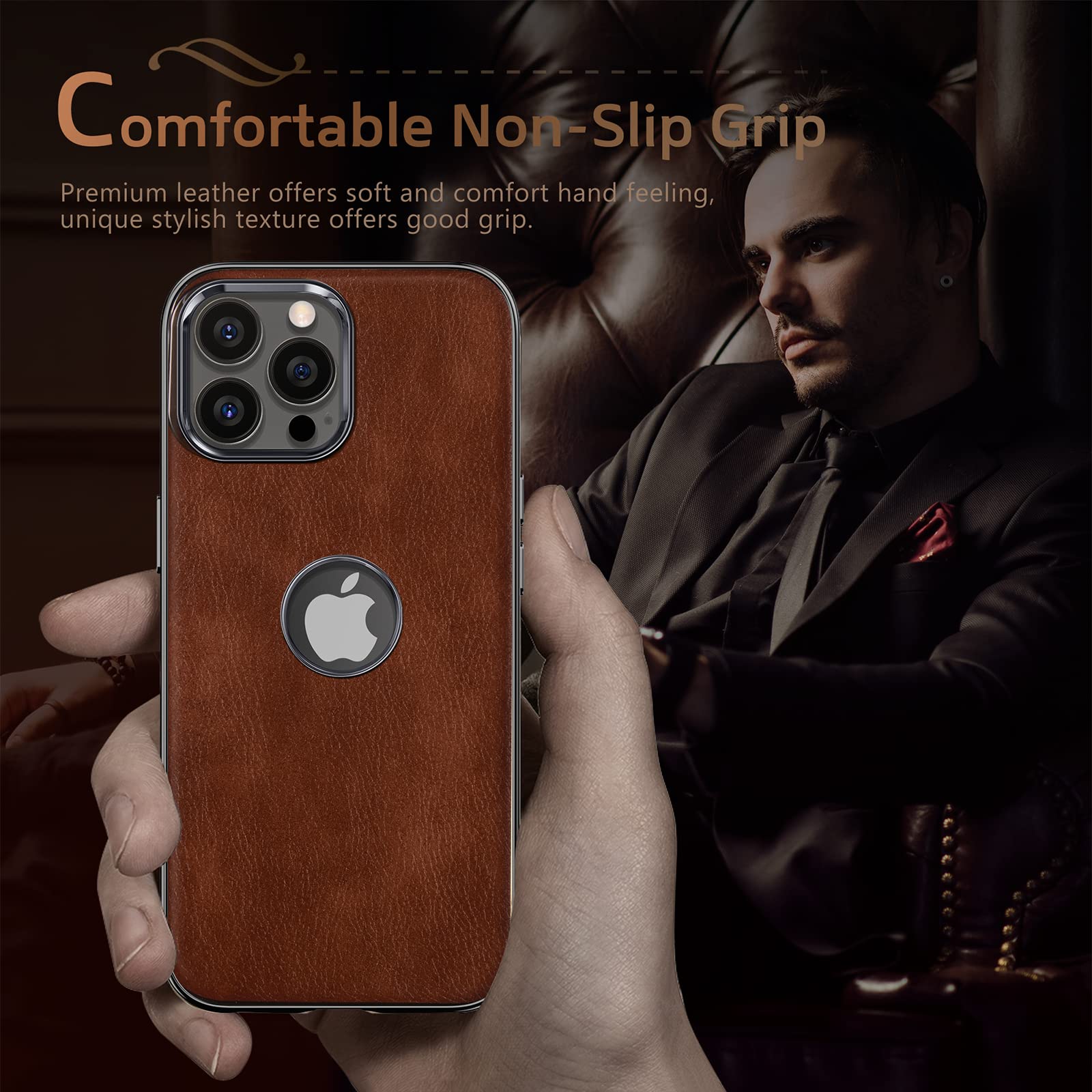 LOHASIC iPhone 14 Pro Max Slim Leather Protective Phone Case Brown