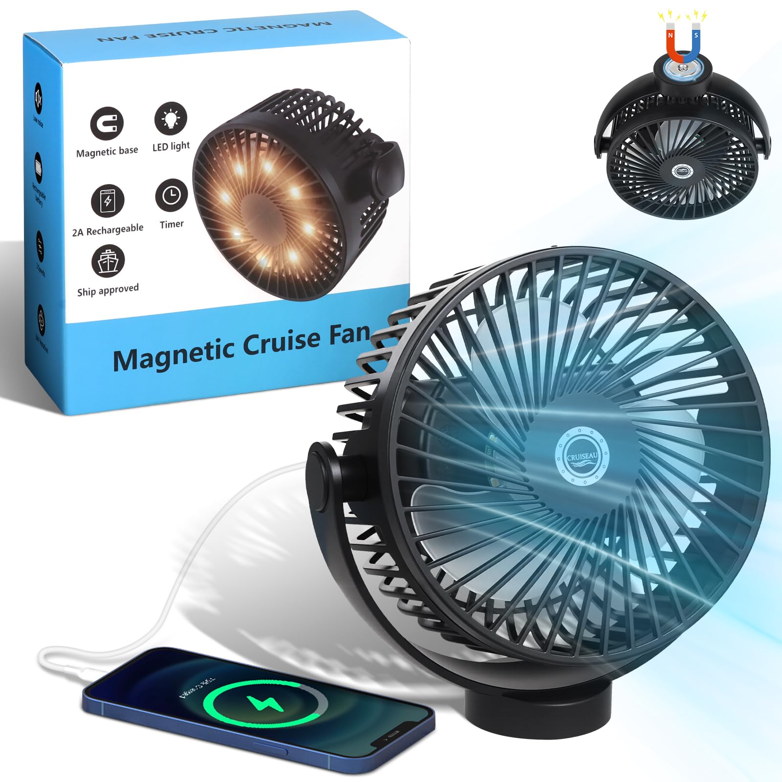 Magnetic Cruise Fan with 8000mAh Rechargeable Battery, LED Light, Timer&Power Output, Magnetically Sticks on Cabin Ceilings and 