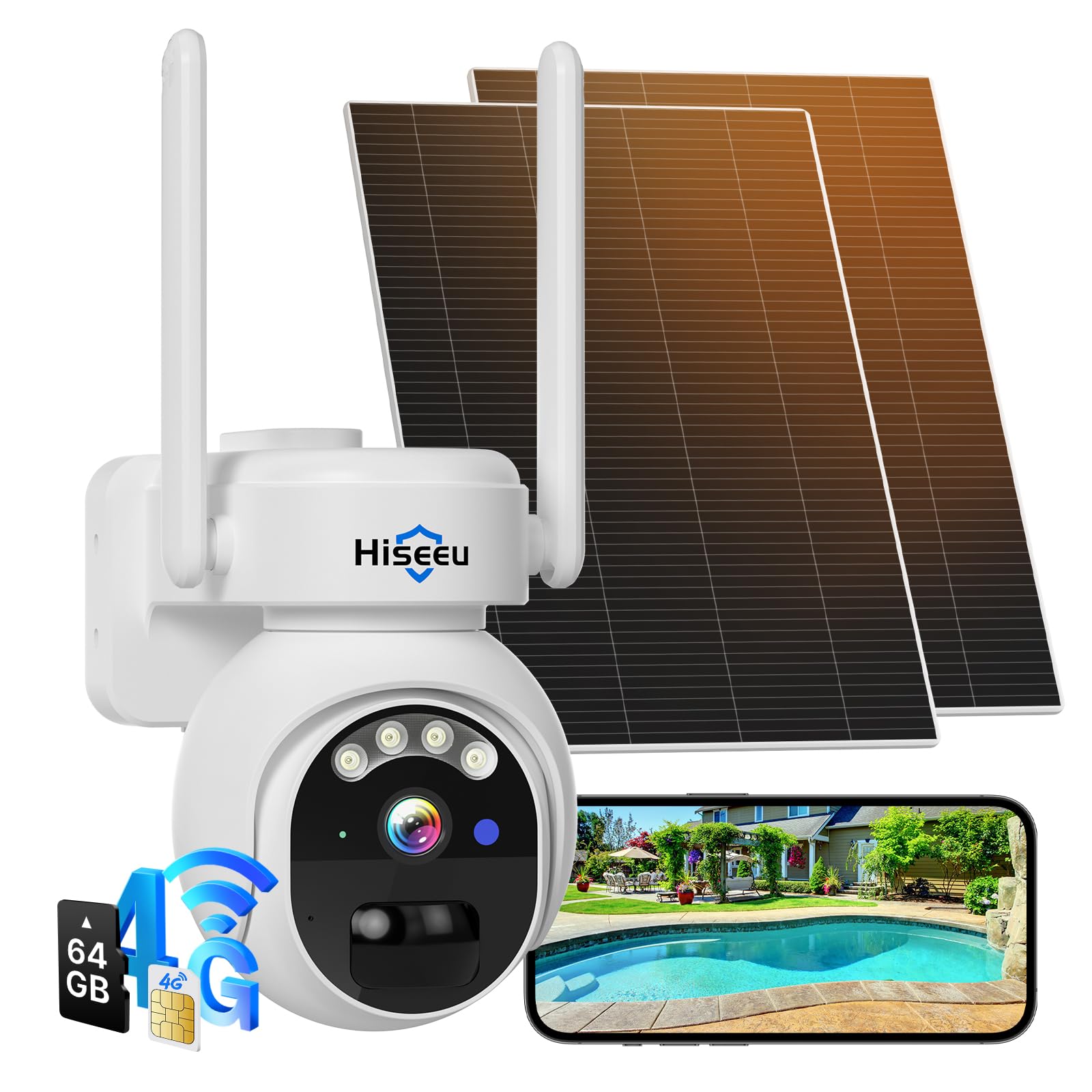 Hiseeu No Wifi Security Camera, [24/7 Recording] 4G Cellular Security Cameras Wireless Outdoor, 20W Solar Cameras 360Ptz, 2K Nig