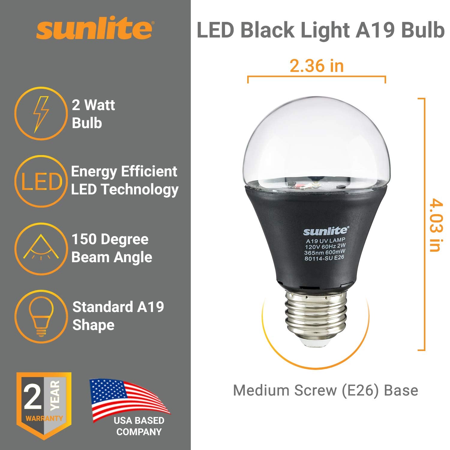 Sunlite 80114 Su Led A19 Black Light Bulb, 2 Watt, Medium Base (E26), 365Nm Wavelength, Glow Parties, Blacklight Blue, Decoratio