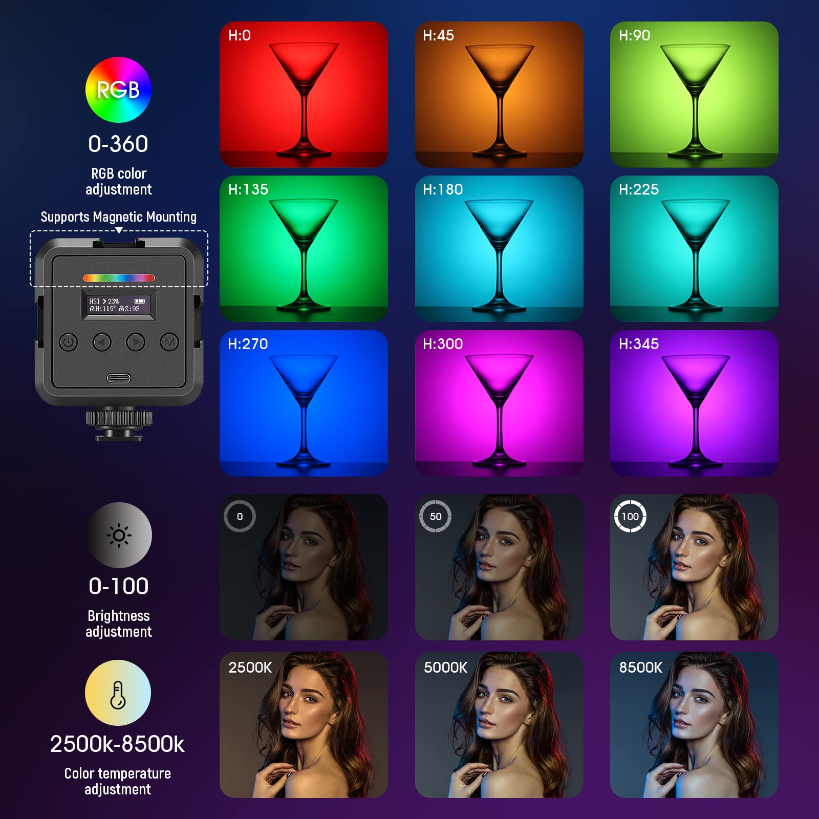 Neewer Magnetic Rgb Video Light, 360 Full Color Rgb61 Led Camera Light With 3 Cold Shoe Mounts/Cri 97+/20 Scene Modes/2500K 8500