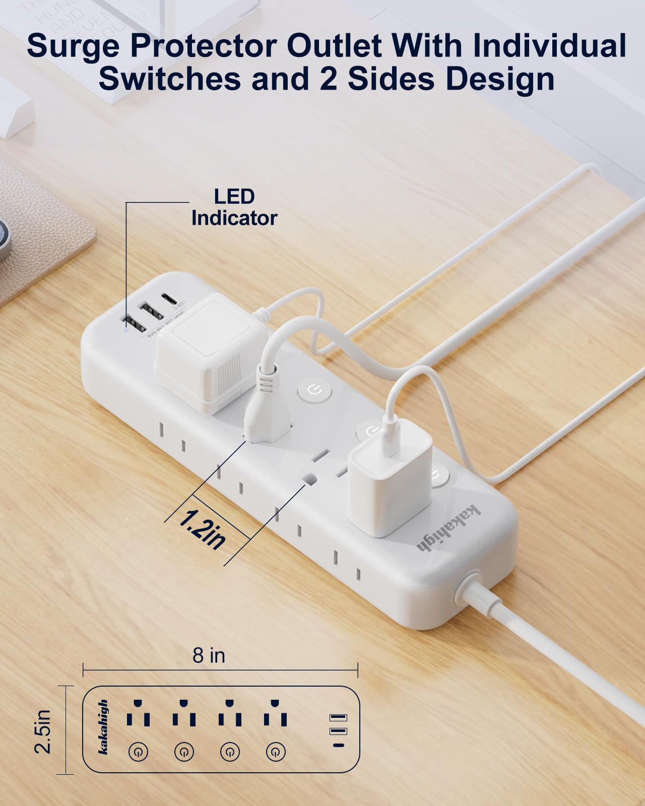 Appliance Extension Cord With Individual Switches On Off   5 Ft, 14 Gauge Heavy Duty Extension Cord With Usb Ports, 8 Outlets, H