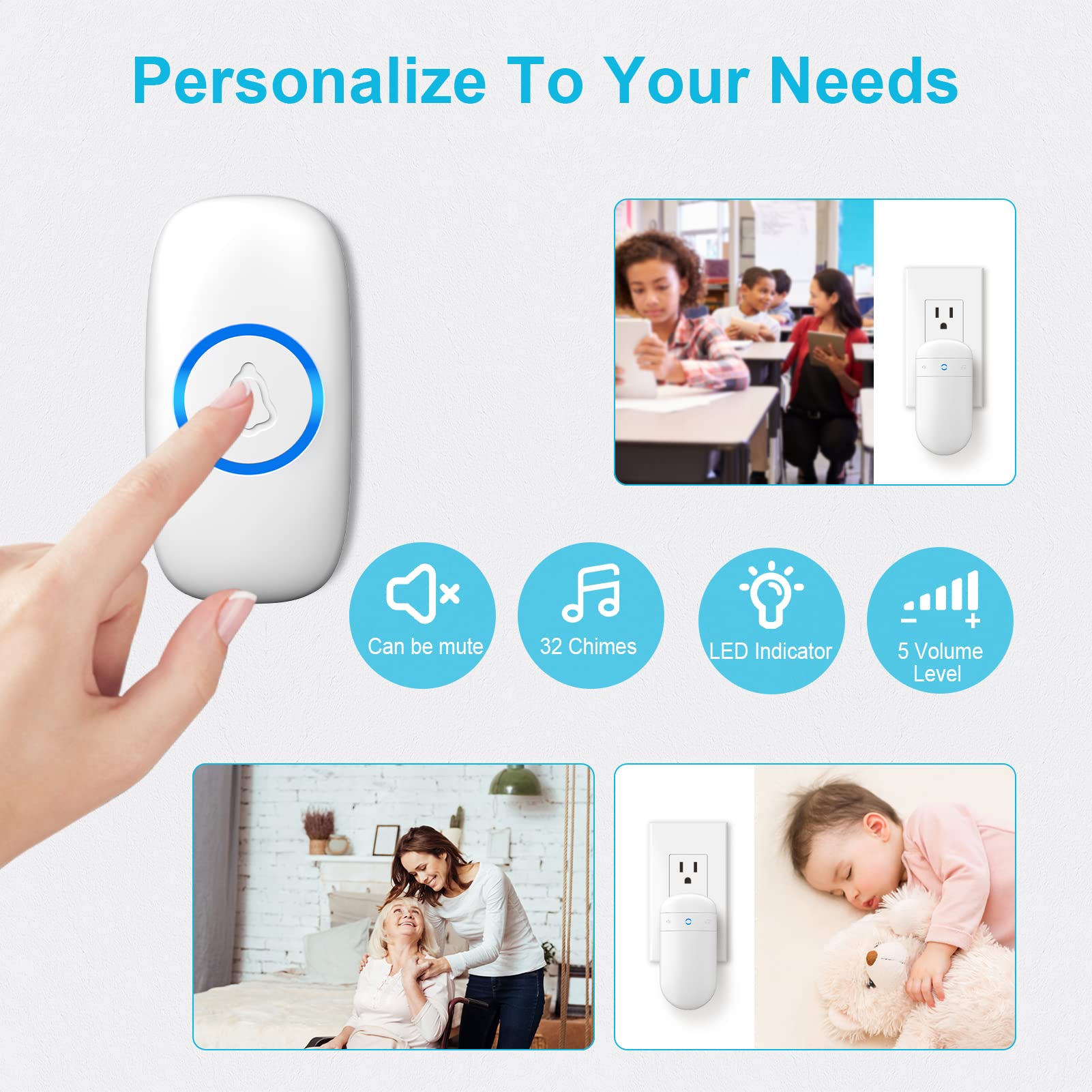 Wireless Doorbell, Secrui Door Bell Over 1000Ft Coverage With 2 Plug In Receivers, Waterproof Push Button, 52 Chimes, 110Db Loud