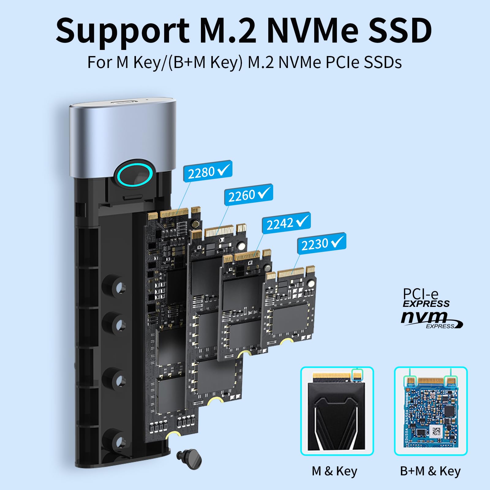 Godo M.2 Nvme Hard Drive Enclosure Adapter Type C Usb 3.2 Gen 2 (10 Gbps) To Nvme Pci E M Key/(B+M) Key Support Uasp Trim For Ss
