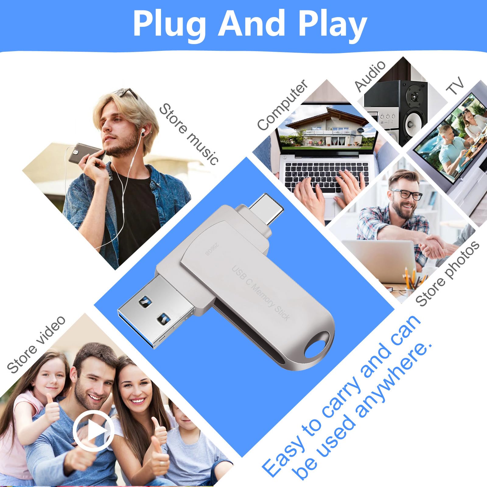 Usb C Thumb Drive 256Gb For Phone, Hupins 170Mb/S High Speed Usb Flash Drive Photo Storage, Multi Port Memory Stick Compatible A