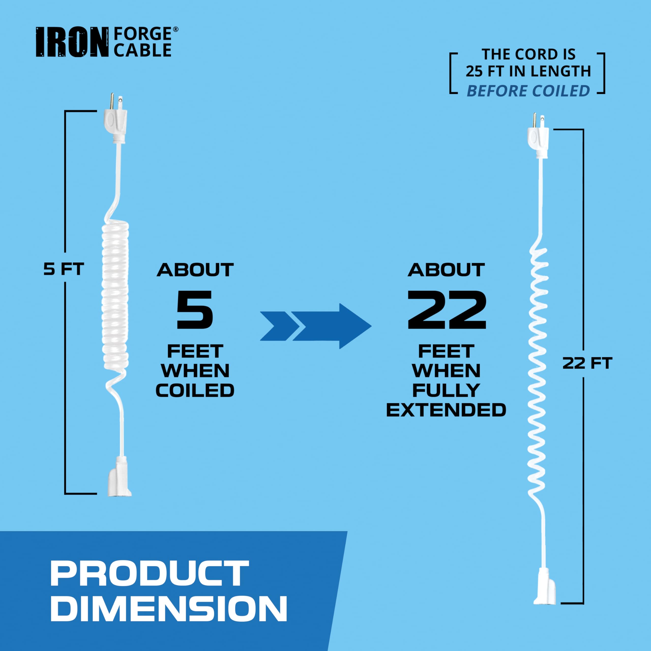 Iron Forge Cable 25Ft White Coiled Outdoor Extension Cord   16/3 Sjeow Oil Resistant & Flame Retardant 3 Prong 13 Amp Power Cord