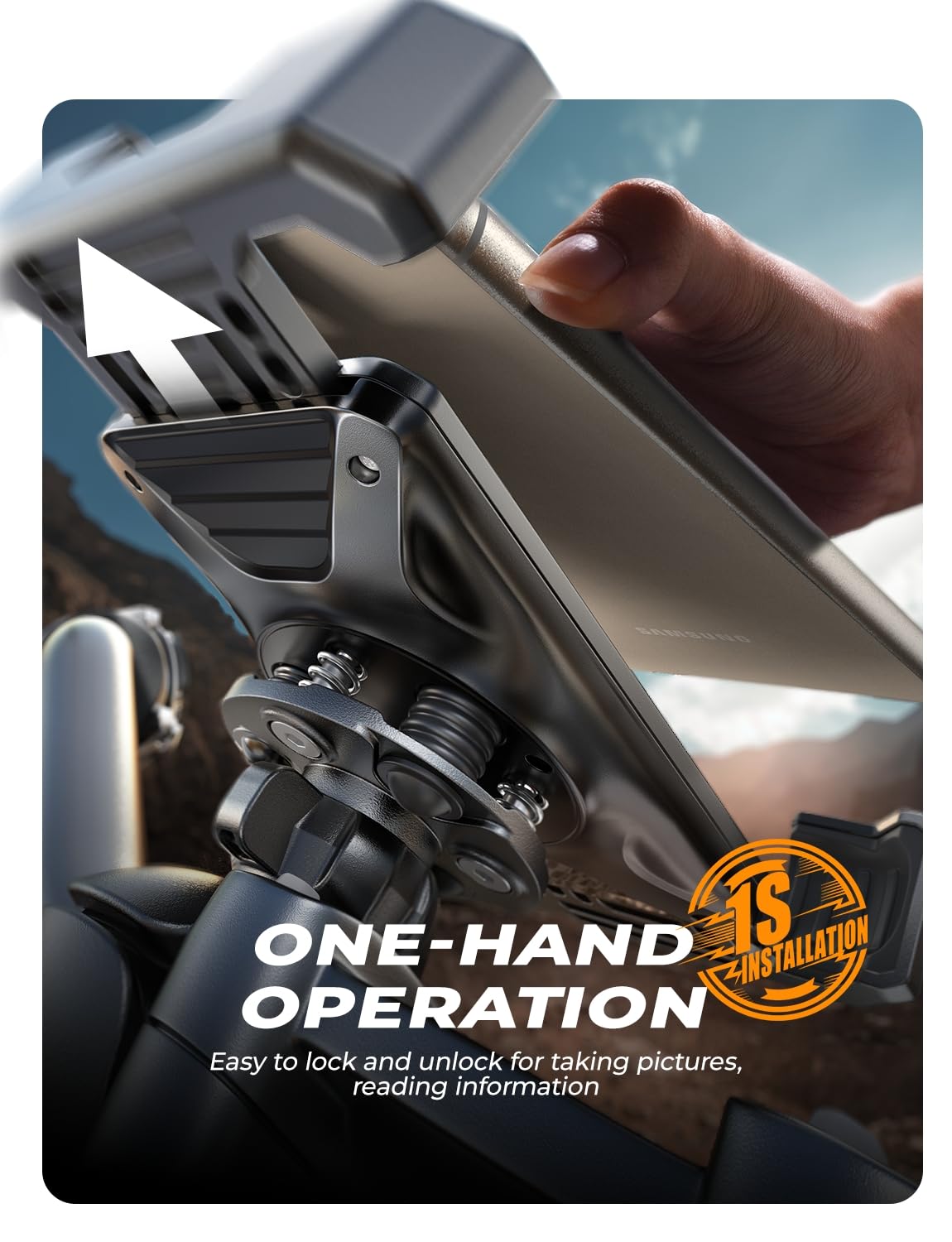 Lisen Motorcycle Phone Mount, [1S Quick Lock] [100Mph Military Anti Shake], Dirt Bike Phone Holder, Harley Davidson Motorcycle P