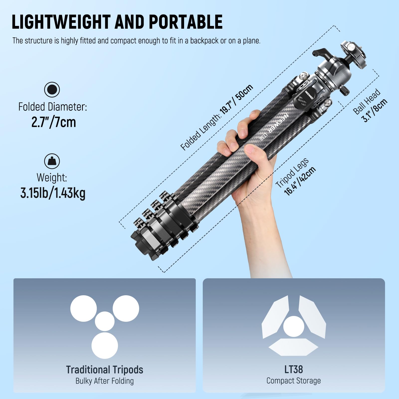 Neewer Litetrip Lt38 61'' Travel Tripod Carbon Fiber For Camera, 360 Pan Tilt Low Profile Ball Head, Flexible Center Axis, Arca