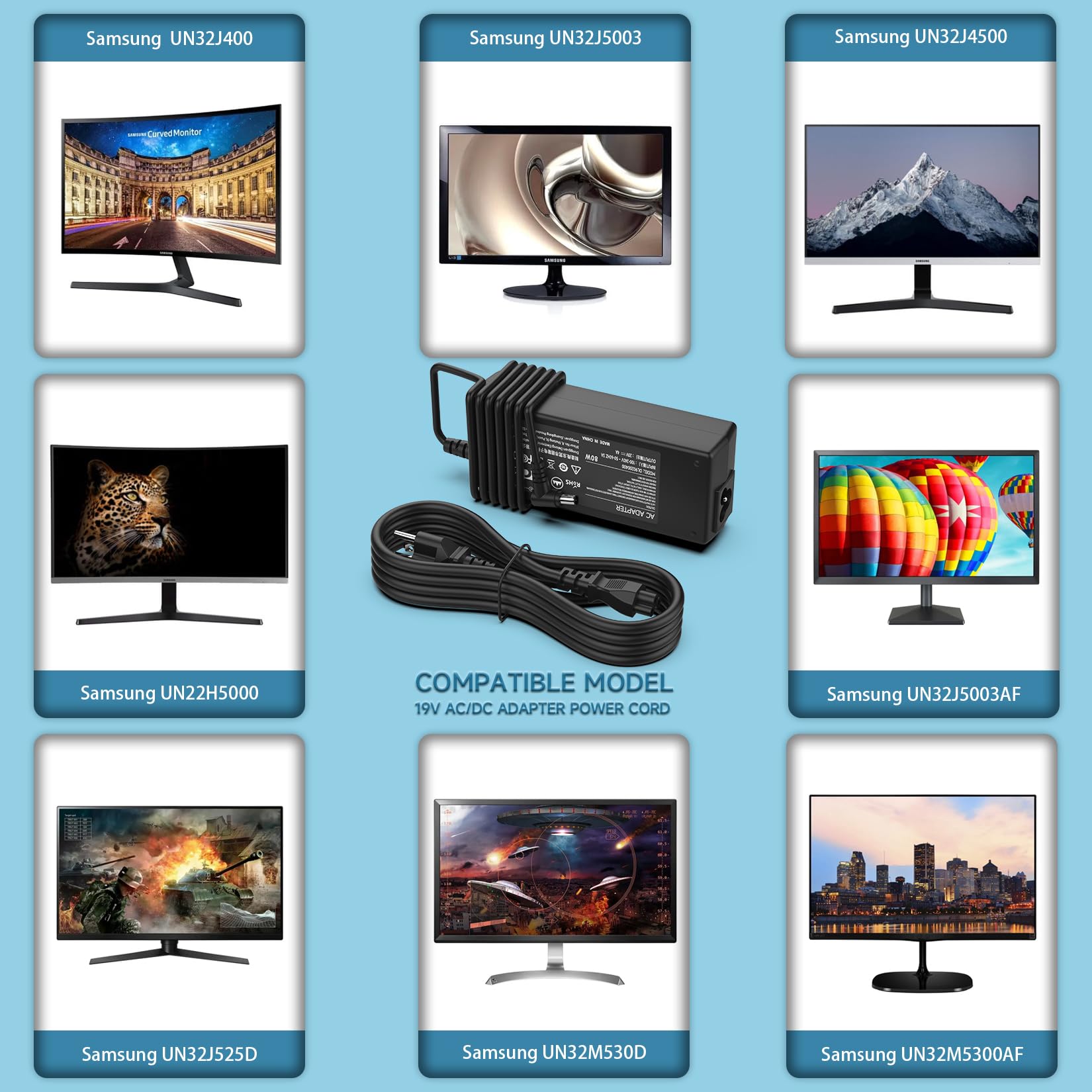 19V Power Cord For Samsung Tv 32'' Un32J400, Un32J4000Af, Un32J400Daf, Un32J5205, Un32J5205Af, Un32J5003, Un32J5003Af, Un32J5003