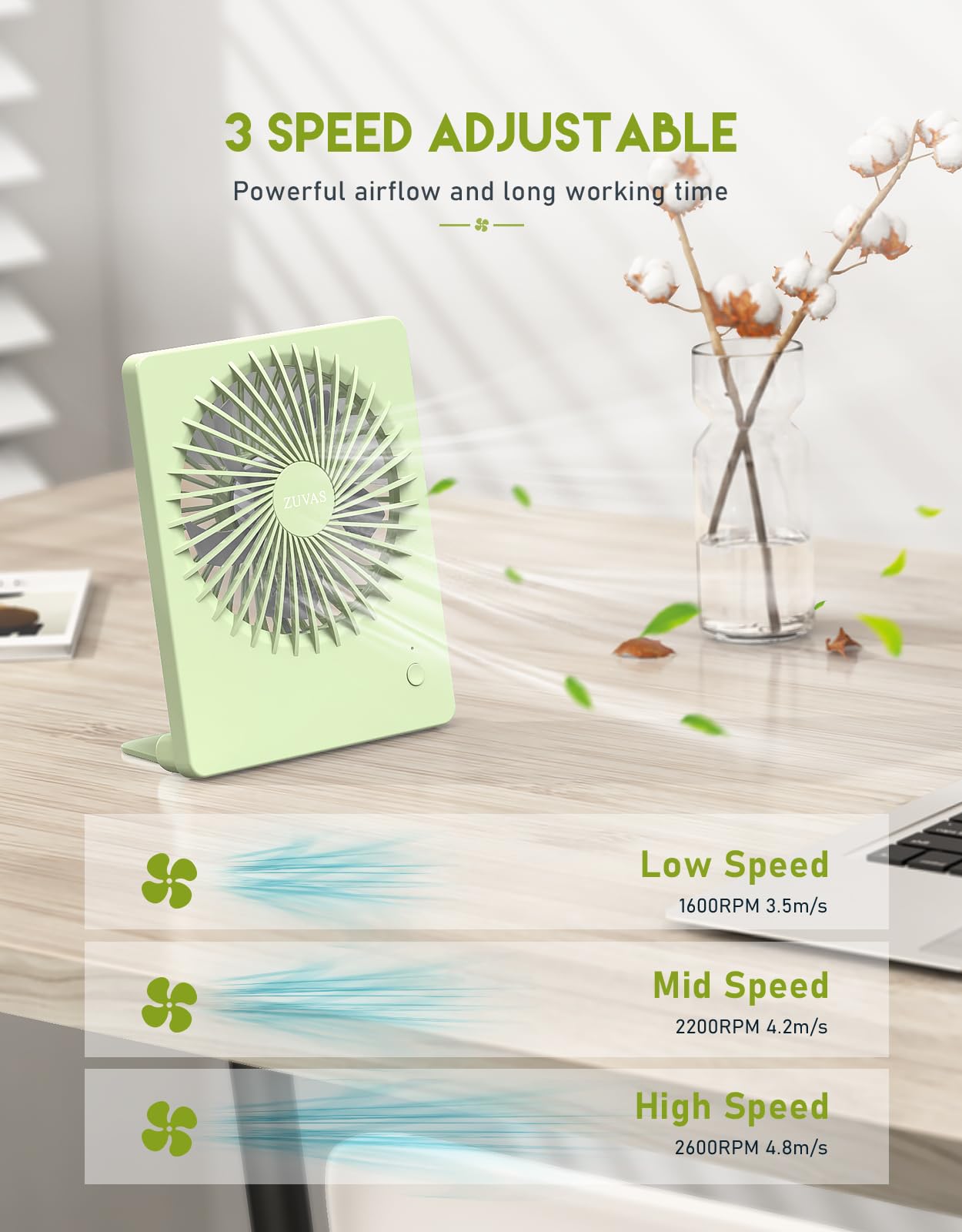 Zuvas Desk Fan Battery Operated Rechargeable 180Tilt Folding Personal Ultra Quiet Small Portable Fan Light Green