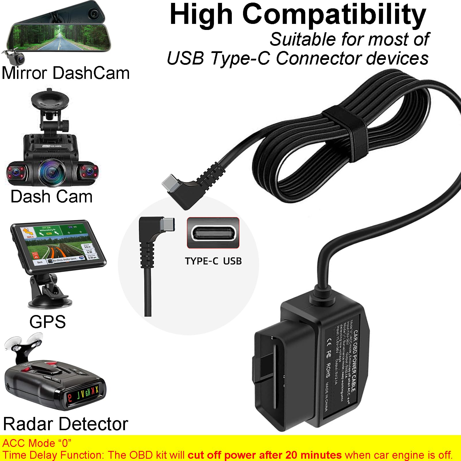 Dash Cam Obd Hardwire Kit, Dash Camera Usb Type C Hardwire Kit With Obd Power Cable For Dashcam 12 24V To 5V/3A With Low Voltage