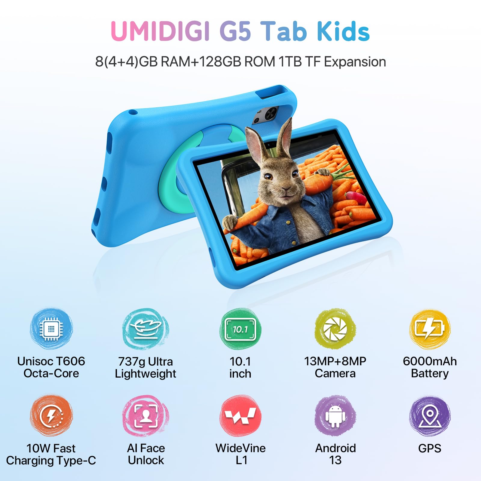 Umidigi G5 Tab Kids Tablet, Android 13, 128Gb, 10.1In Hd+, 4+4Gb, Sea Blue, Tablet For Child With Bluetooth, Wifi5, Parental Con