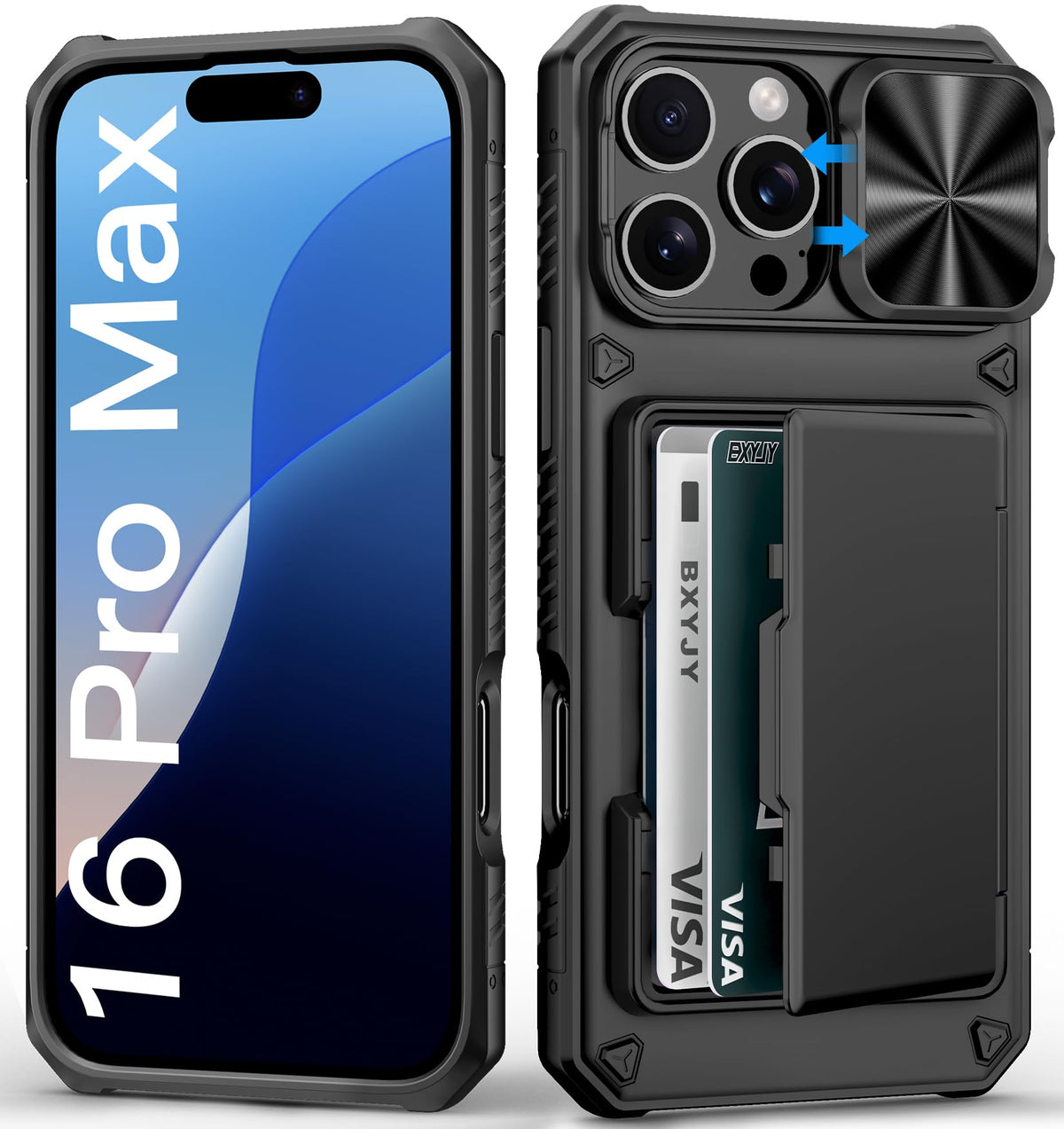 Bxyjy For Iphone 16 Pro Max Case Wallet, Built In Card Holder (4 5 Cards), Slide Camera Cover, Military Drop Protection, Rugged