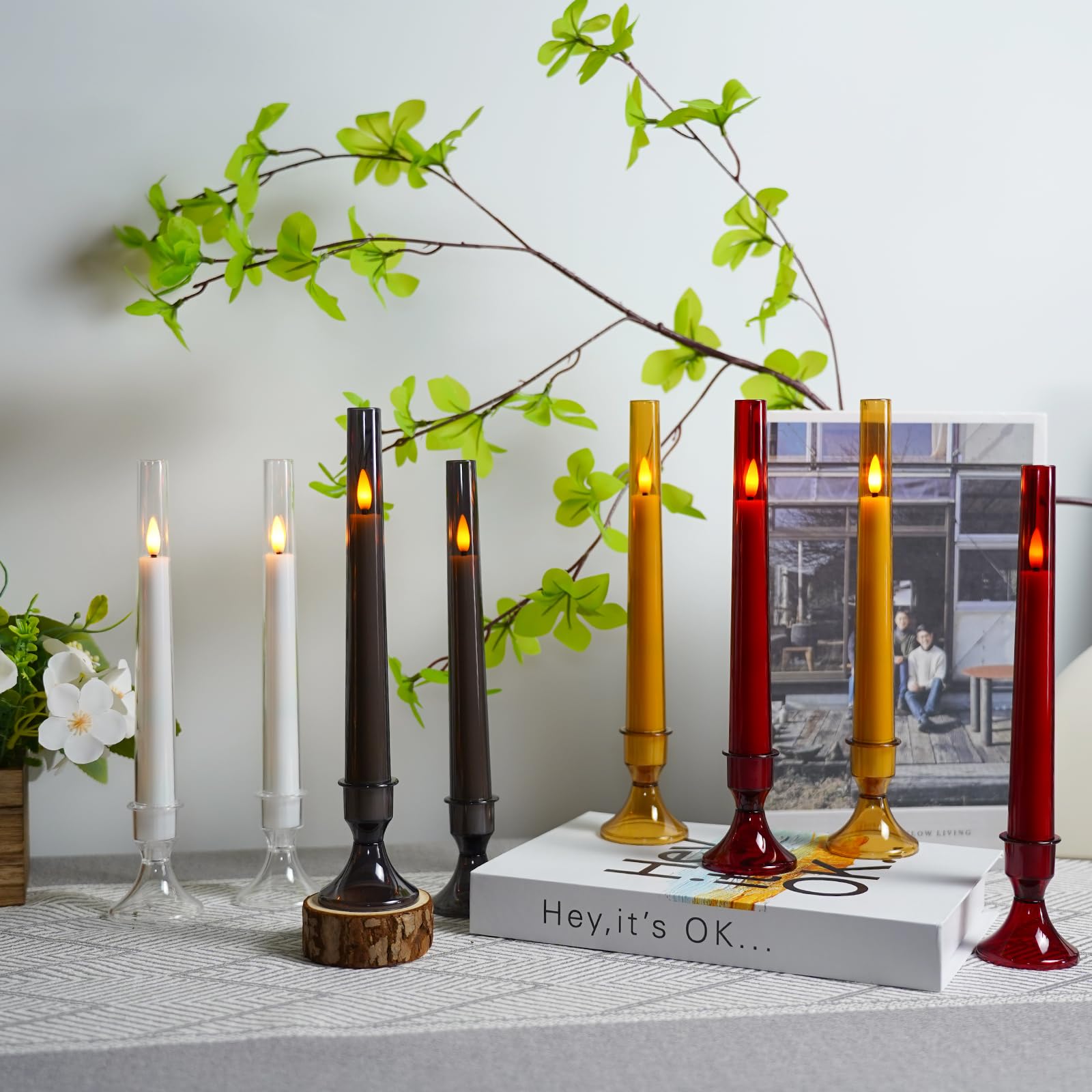 Lezonic Flameless Windows Candles Battery Operated With Timer Remote, 6Pcs White Acrylic Flameless Candlesticks With Holders, Le