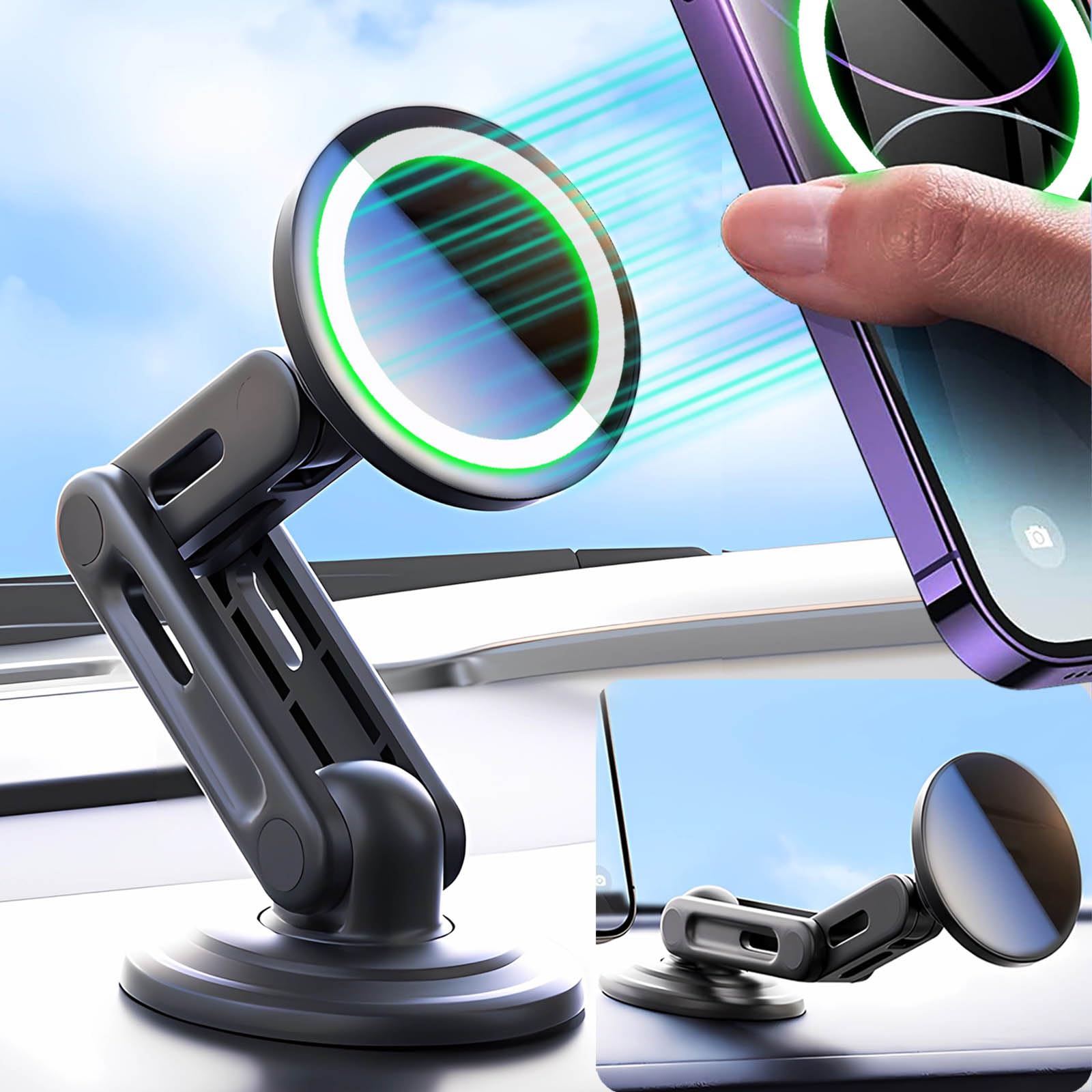 Wckesi Fits Magsafe Car Mount, Car Phone Holder For Dashboard, 360 Rotatable Magnetic Phone Holder For Car, Strong Adhesive, Cel