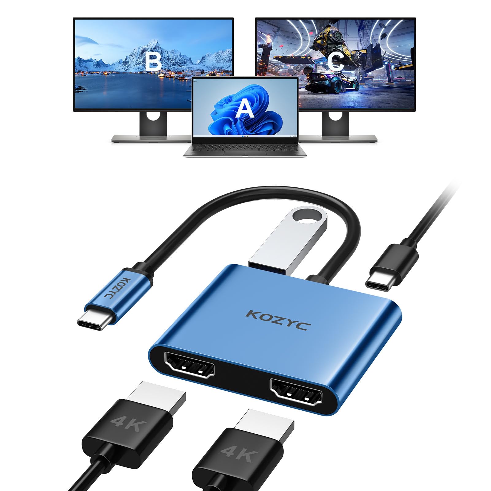 Kozyc Usb C To Dual Hdmi Adapter 4K@30Hz, Usb C Hub Multiport Adapter With 2Xhdmi, Usb 3.0, 100W Pd, Support Usb C To Hdmi Split