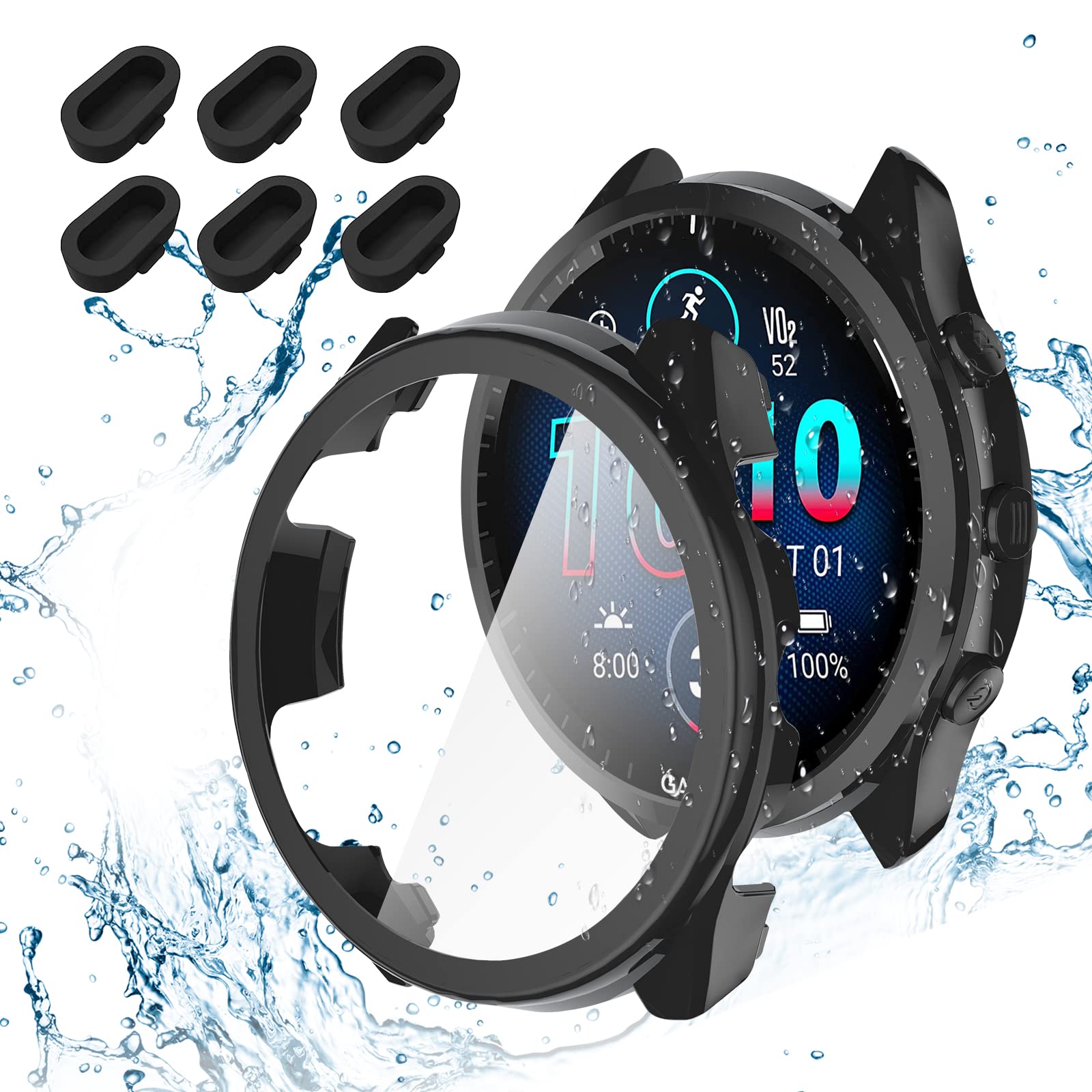 Suoman 2+6 Pack For Garmin Forerunner 965 Screen Protector Case + Charger Port Protector, Anti Dust Plugs + Tempered Glass Full