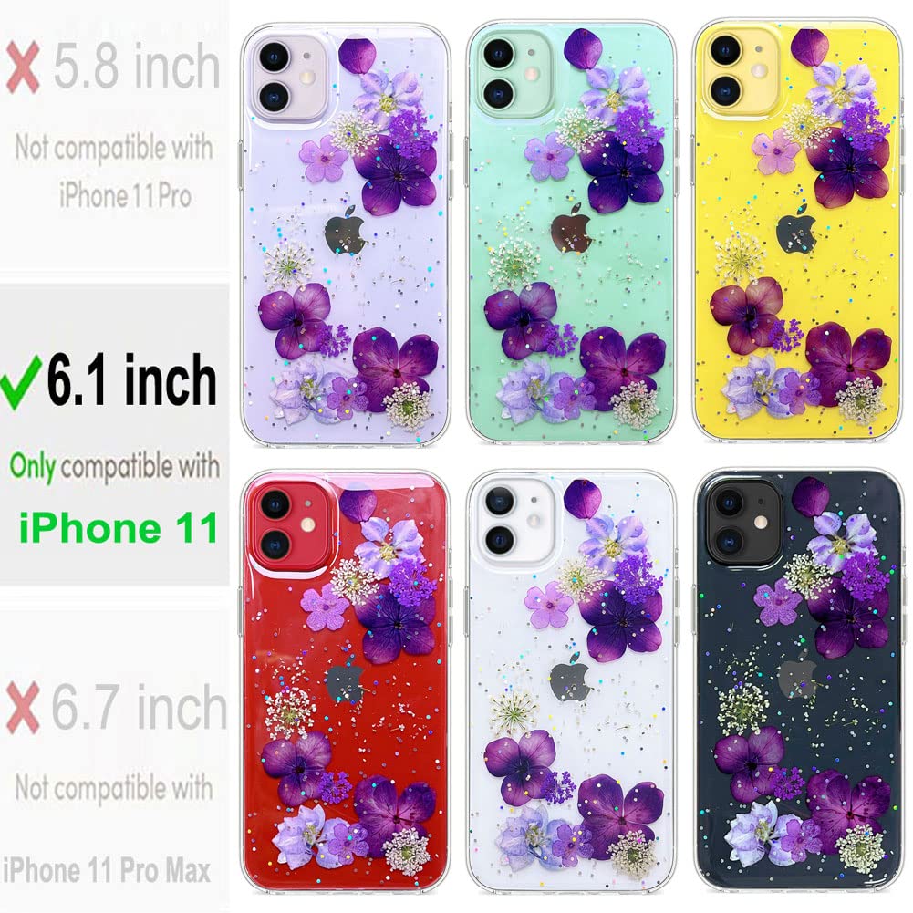 Abbery For Iphone 11 Case Flower Clear With Pressed Dried Real Flower Design Bling Glitter Sparkle Soft Tpu Rubber Purple Aesthe