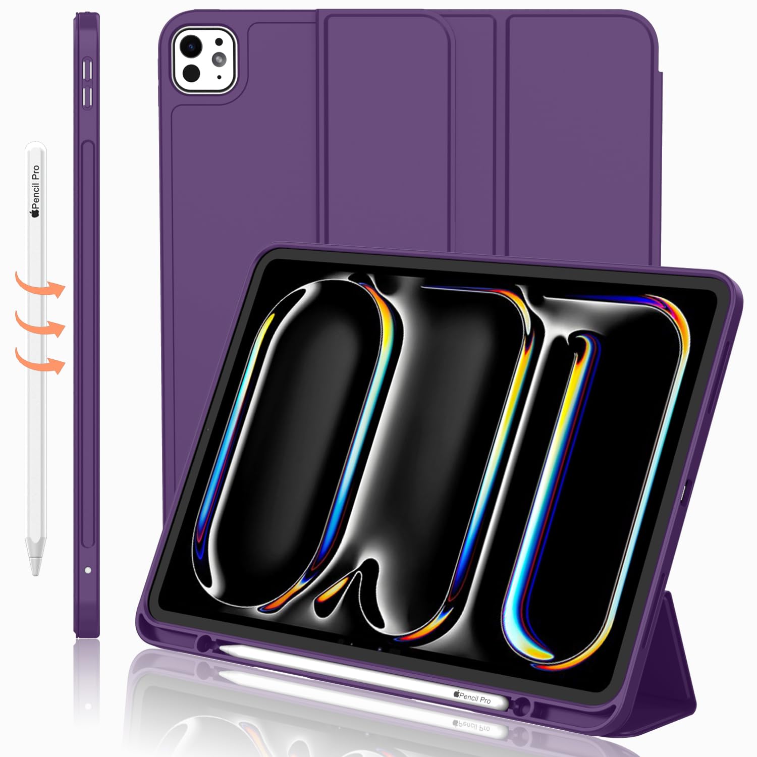 Imieet For Ipad Pro 11 Inch Case M4 2024 (5Th Generation) With Pencil Holder, [Support Pencil Pro And Pencil (Usb C)], Trifold Stand Smart Case With Soft Tpu Back, Auto Wake/Sleep (Dark Purple)