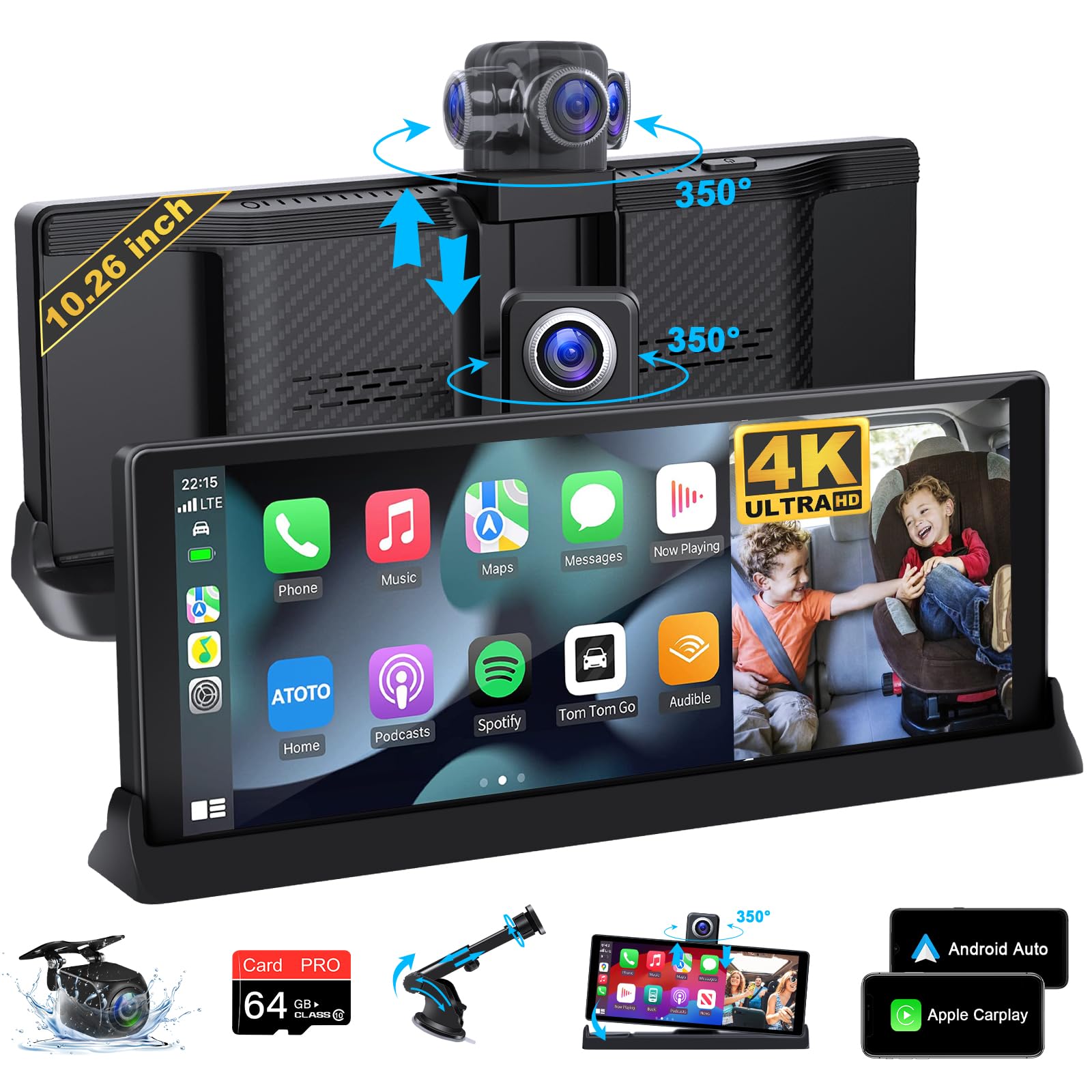 4K Apple Carplay With 350 Rotatable Camera 10.26'' Carplay Screen For Car Auto Brightness Wireless Carplay & Android Auto Naviga