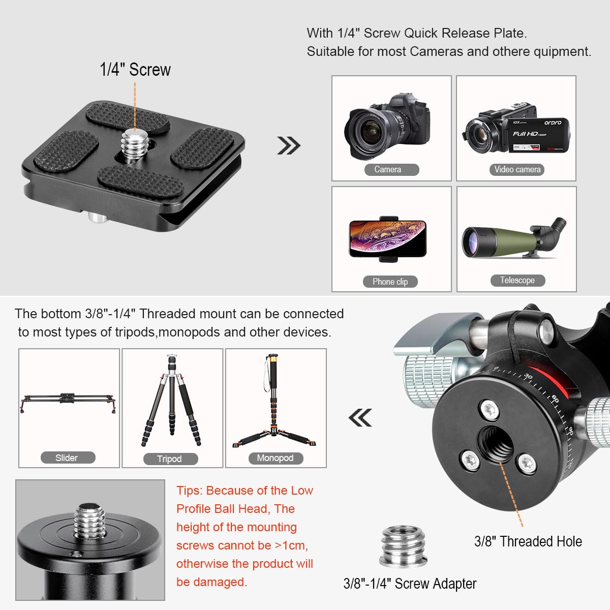Koolehaoda Tripod Head Mini Ball Head Camera 360 Panoramic Head With 1/4'' Screw Arca Type Quick Release Plate F28Mm Metal Ball