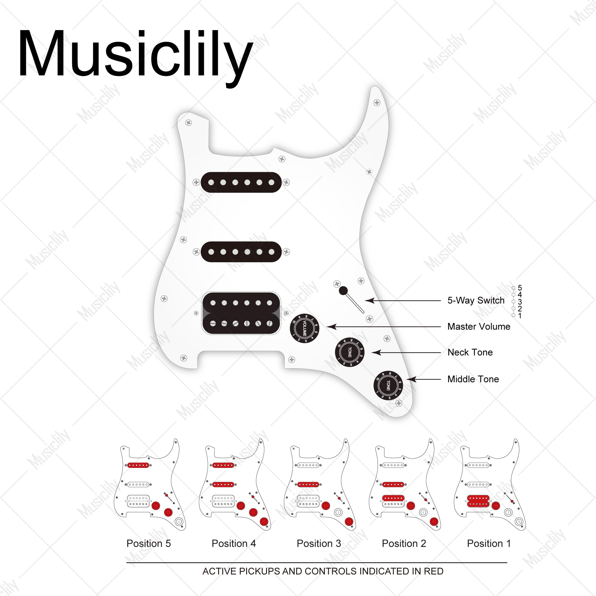 Musiclily Pro Guitar Auto Split Diy Wiring Kit Upgrade For American Style Strat Hss Stratocaster With 5 Way Switch And 3A250K Po