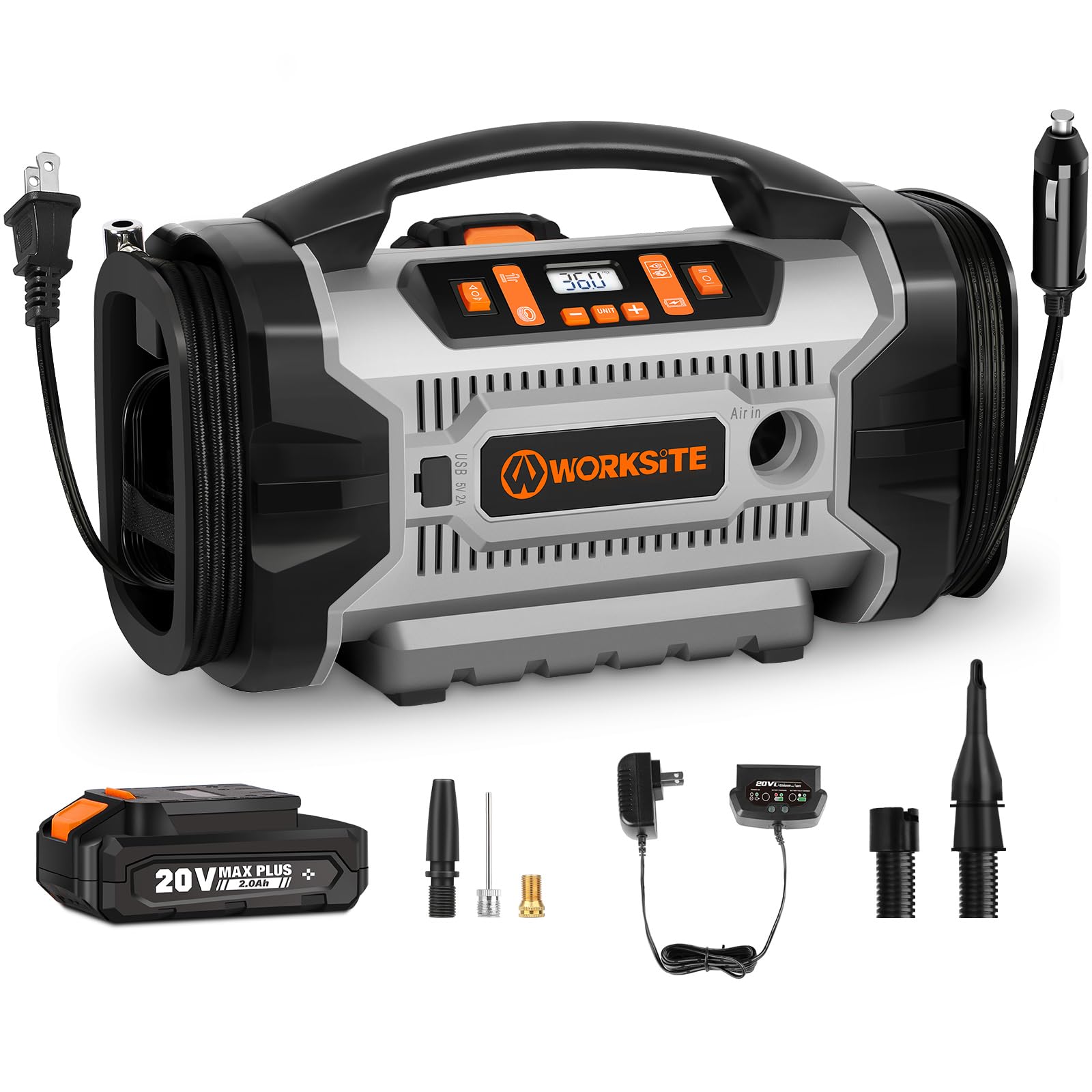 Worksite Tire Inflator Air Compressor Portable, 160 Psi Car Tire Pump With 3 Power Supply (110V Ac, 12V Dc & 20V Battery), Infla