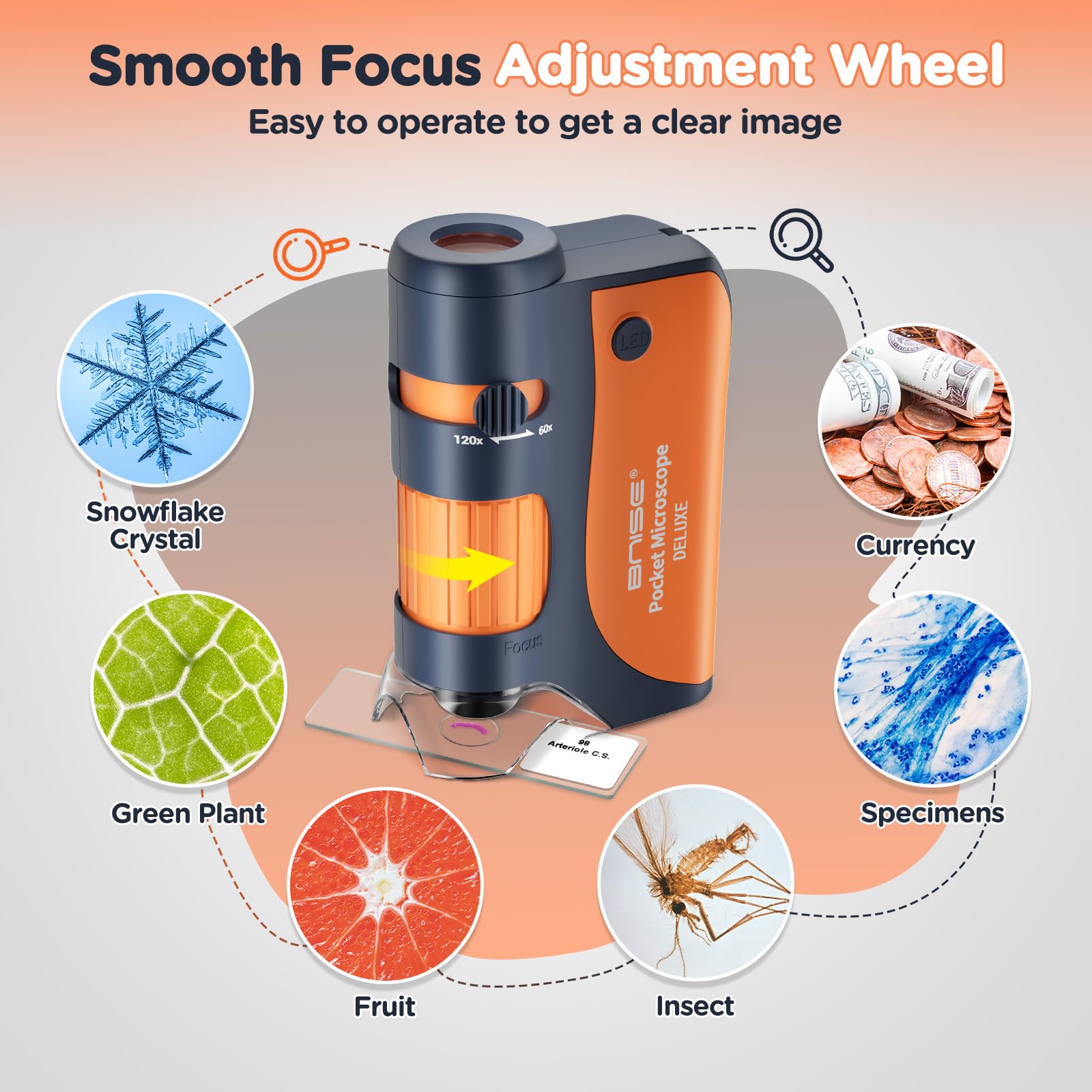 Bnise Pocket Microscope, Portable Mini Microscope Kids 60X 120X, Handheld Microscope With 5 Microscope Slides And Carrying Case