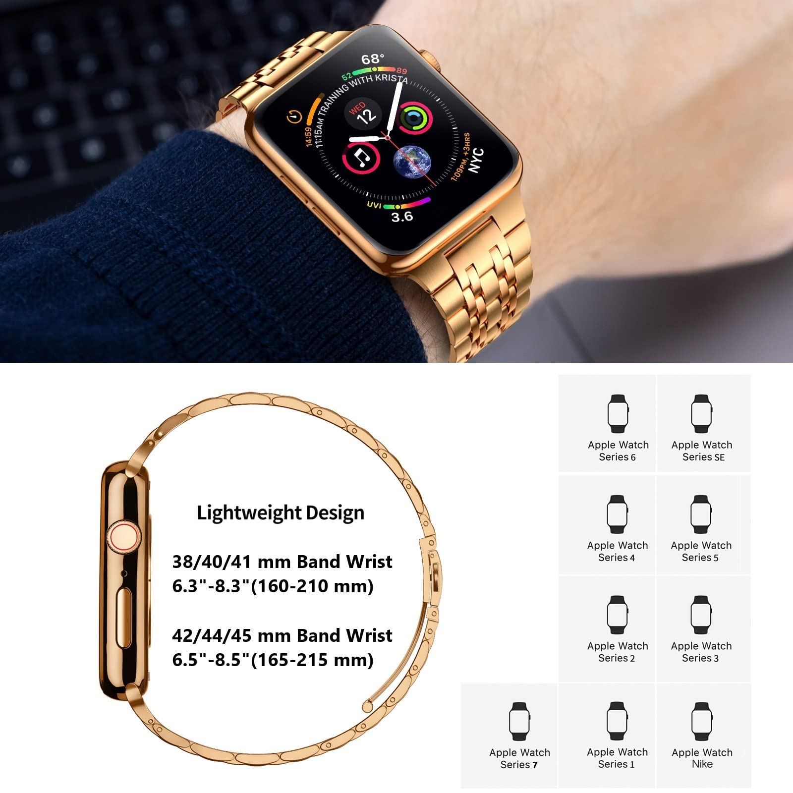 Miohhr Compatible With Apple Watch Band 45Mm, Solid Stainless Steel Metal Strap For Iwatch Series 9 8 7 (Rose Gold,45 Mm)