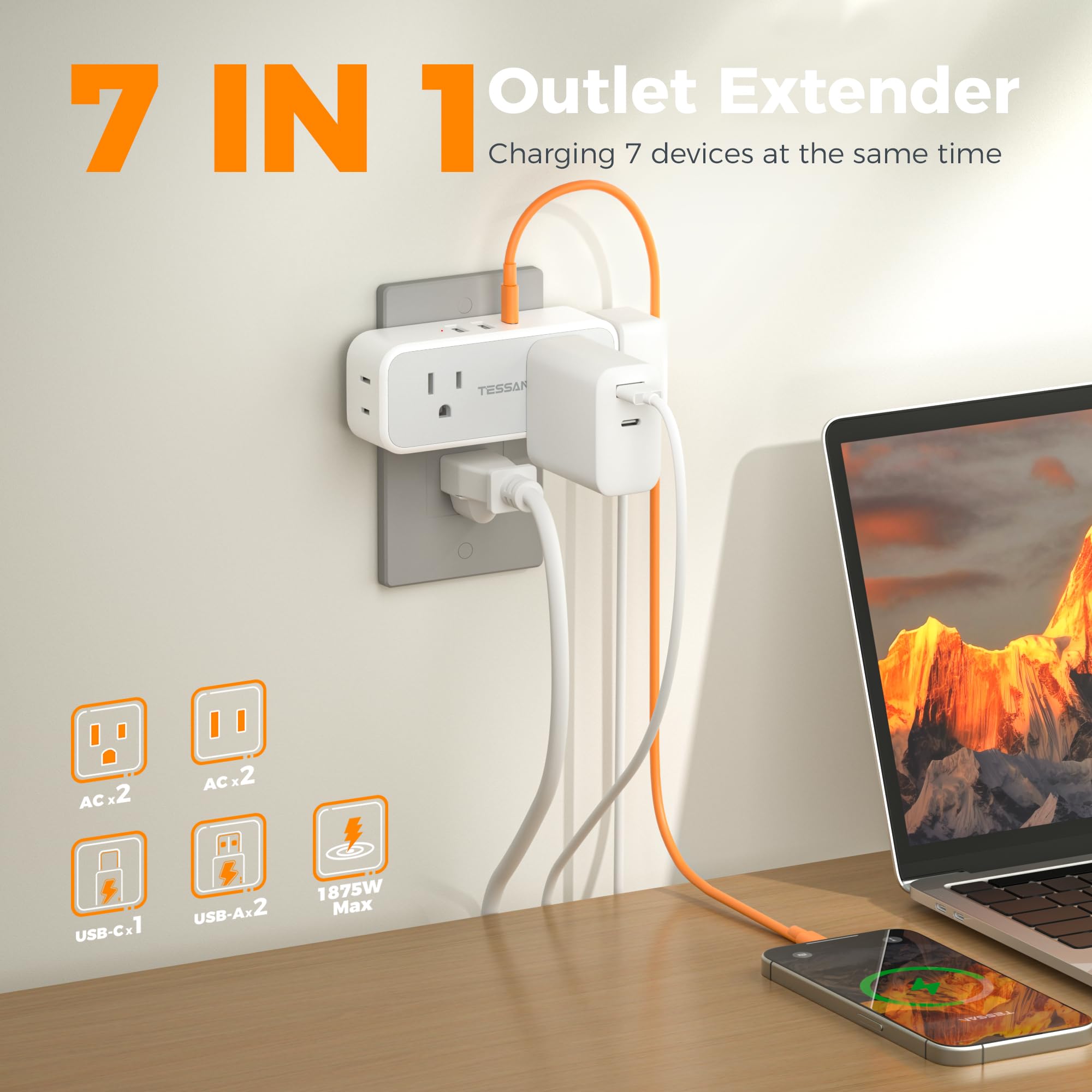 Surge Protector Outlet Extender, Tessan Multi Plug Splitter With 4 Electrical Outlets 3 Usb Ports(1 Usb C), Multiple Plug Mini W