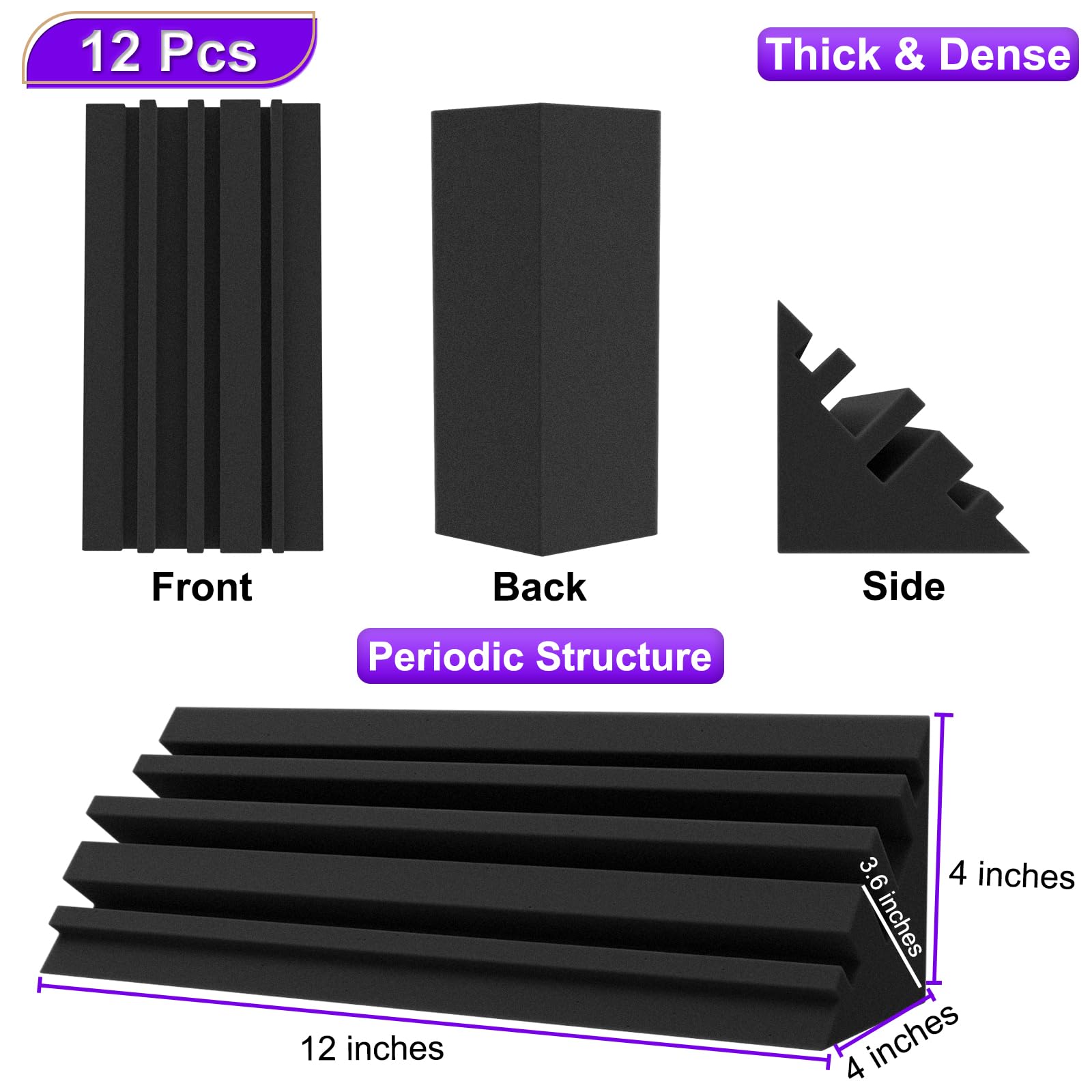 Troystudio Bass Traps   12 Pcs 4 X 4 X 12 Inches Dense Thick Studio Bass Foam Corner, Acoustic Treatment Panel Absorbing Echo Re