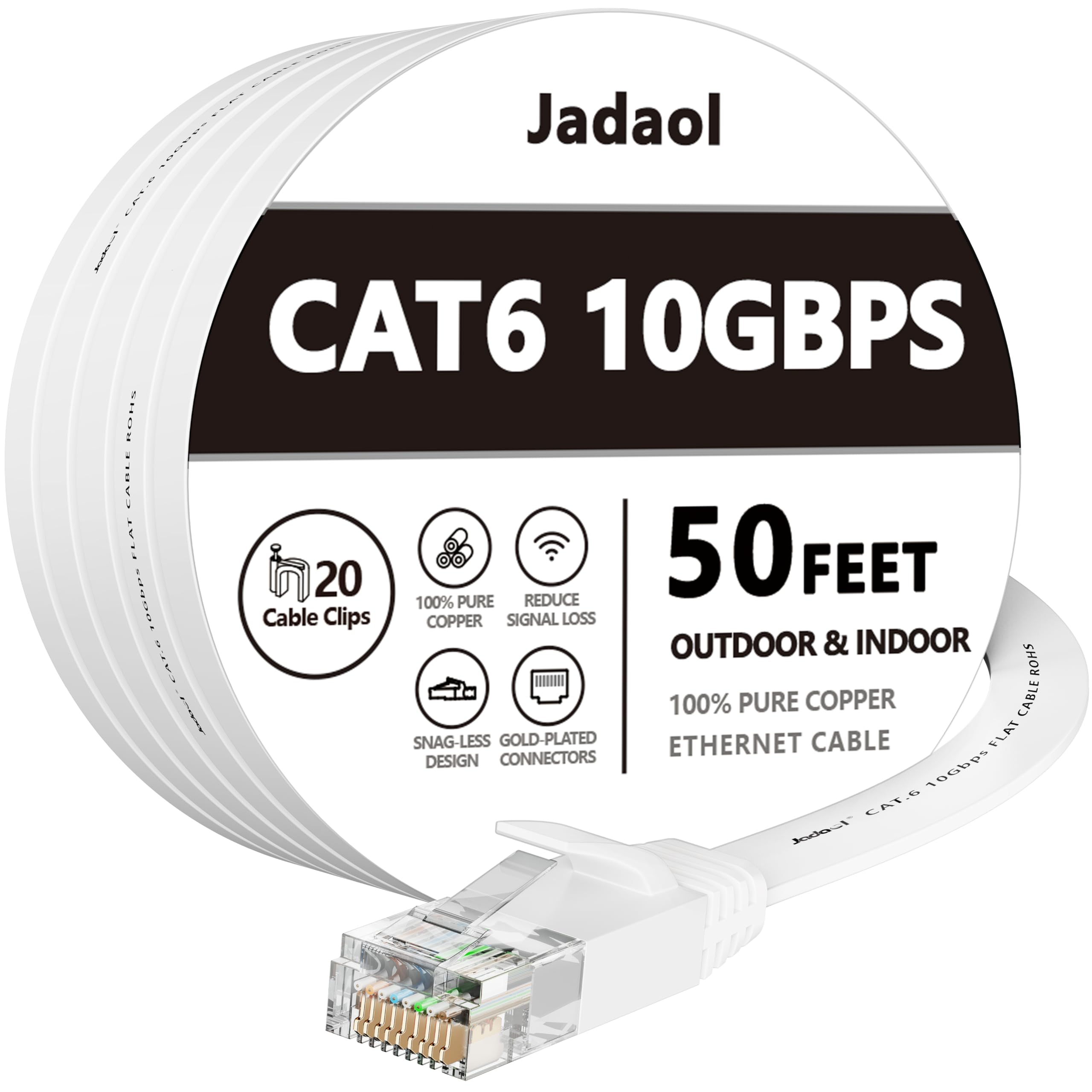 Jadaol Cat 6 Ethernet Cable 50 ft, Outdoor&Indoor 10Gbps Support Cat8 Cat7 Network, Flat Fast Speed RJ45 Internet LAN Computer S