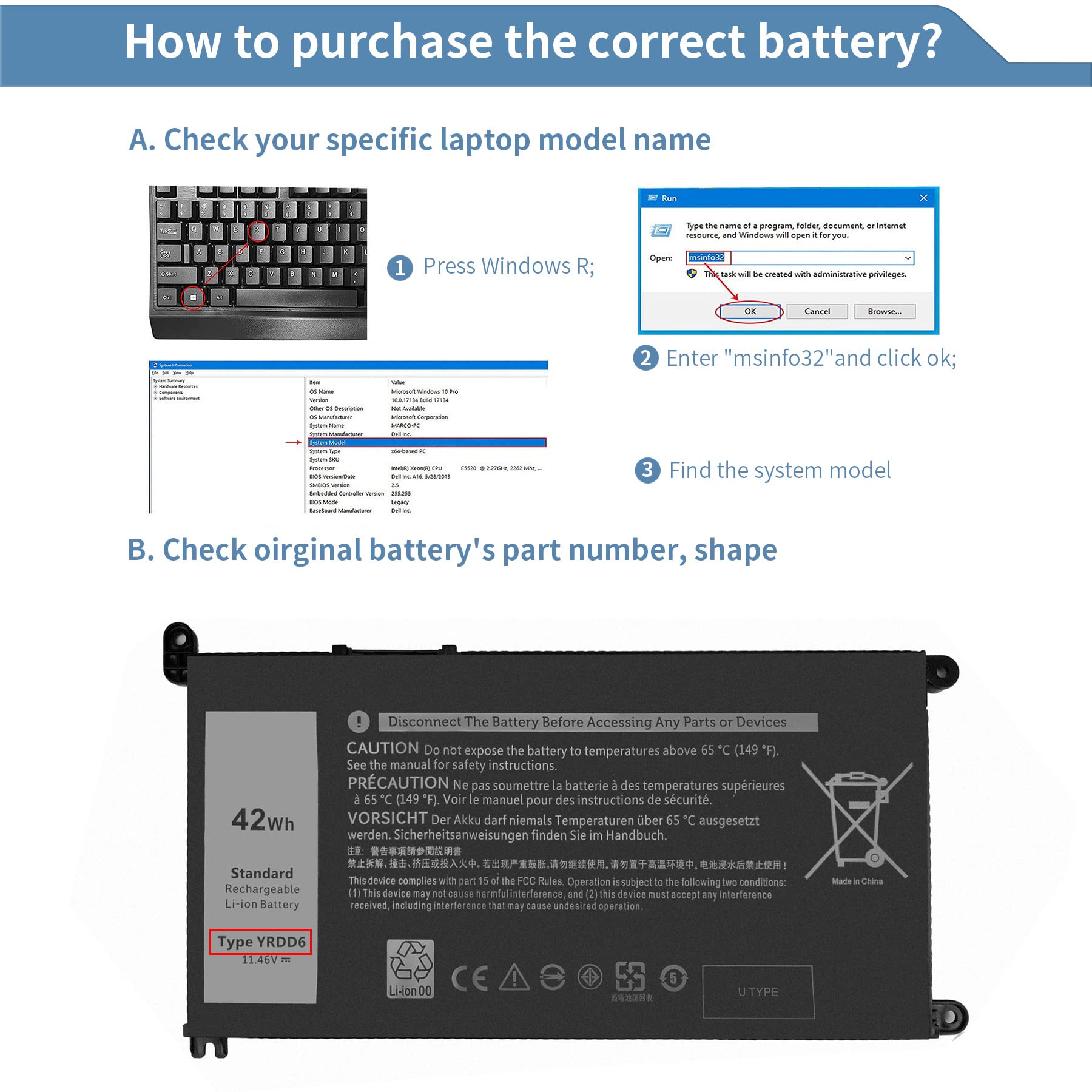 42Wh Yrdd6 Battery For Dell Inspiron 5591 5491 5481 5482 5485 7586 2 In 1 15 3501 3582 3583 3584 3593 5584 5585 5590 5593 5594 5