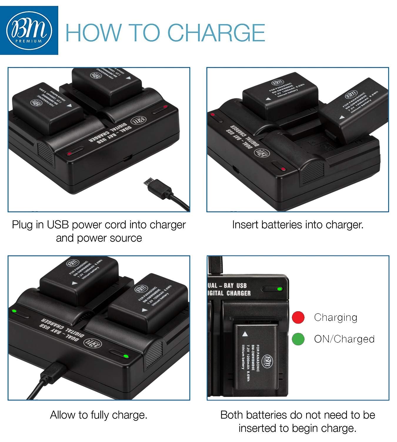 BM Premium 2 Pack of DMW BMB9 Batteries and Dual Bay Battery Charger for Panasonic Lumix DC FZ80, DC FZ80D, DMC FZ40K, DMC FZ45K, DMC FZ47K, DMC FZ48K, DMC FZ60, DMC FZ70, DMC FZ100, DMC FZ150 Cameras