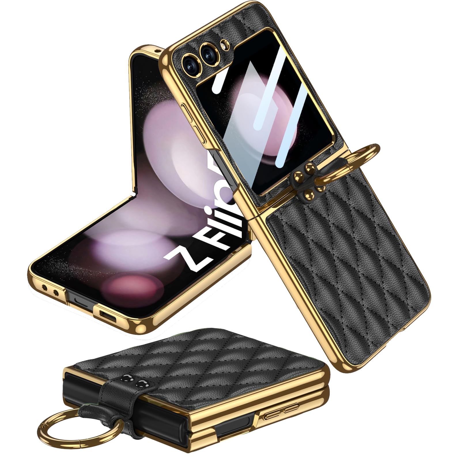 Miimall Compatible with Samsung Galaxy Z Flip 5 5G 2023 Leather Case with Metal Ring Holder Kickstand, [Shockproof & Drop-proof]