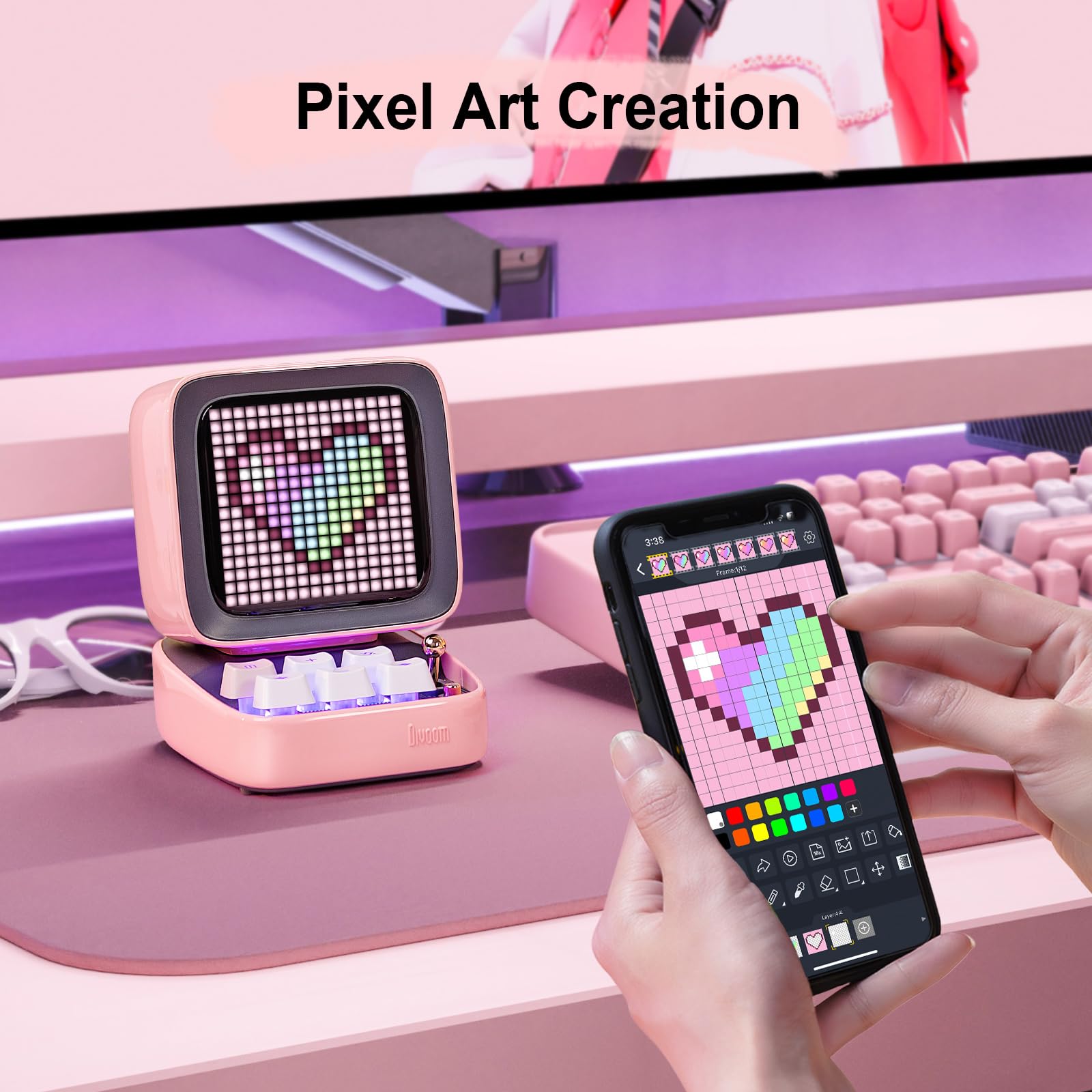 Divoom Ditoo Retro Pixel Art Game Bluetooth Speaker With 16X16 Led App Controlled Front Screen (Pink)