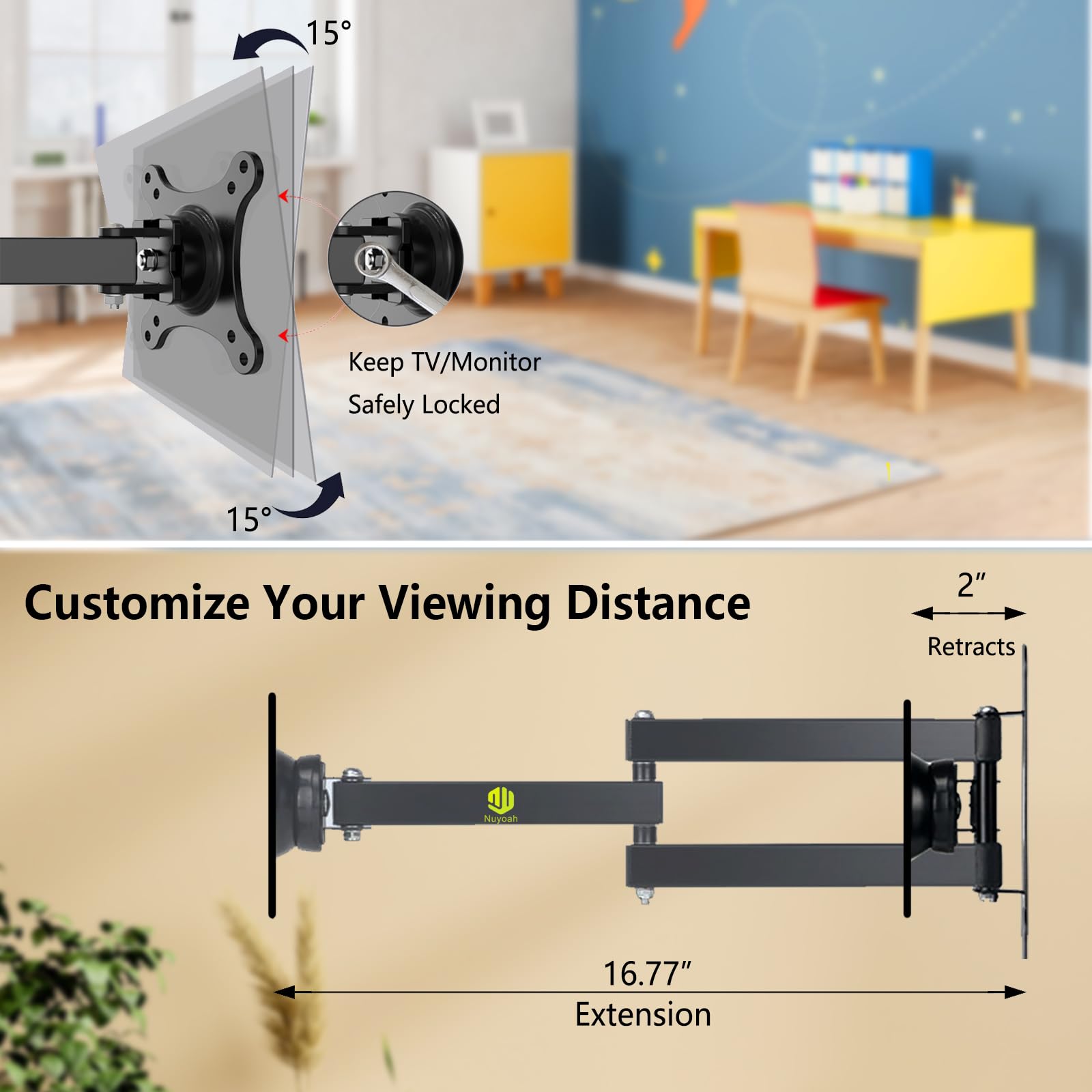 Nuyoah Wall Mount For Echo Show 15, Adjustable Wall Mounting Bracket For Most 10 30 Inches Tvs Monitors, Swivel Tilt Rotate Exte