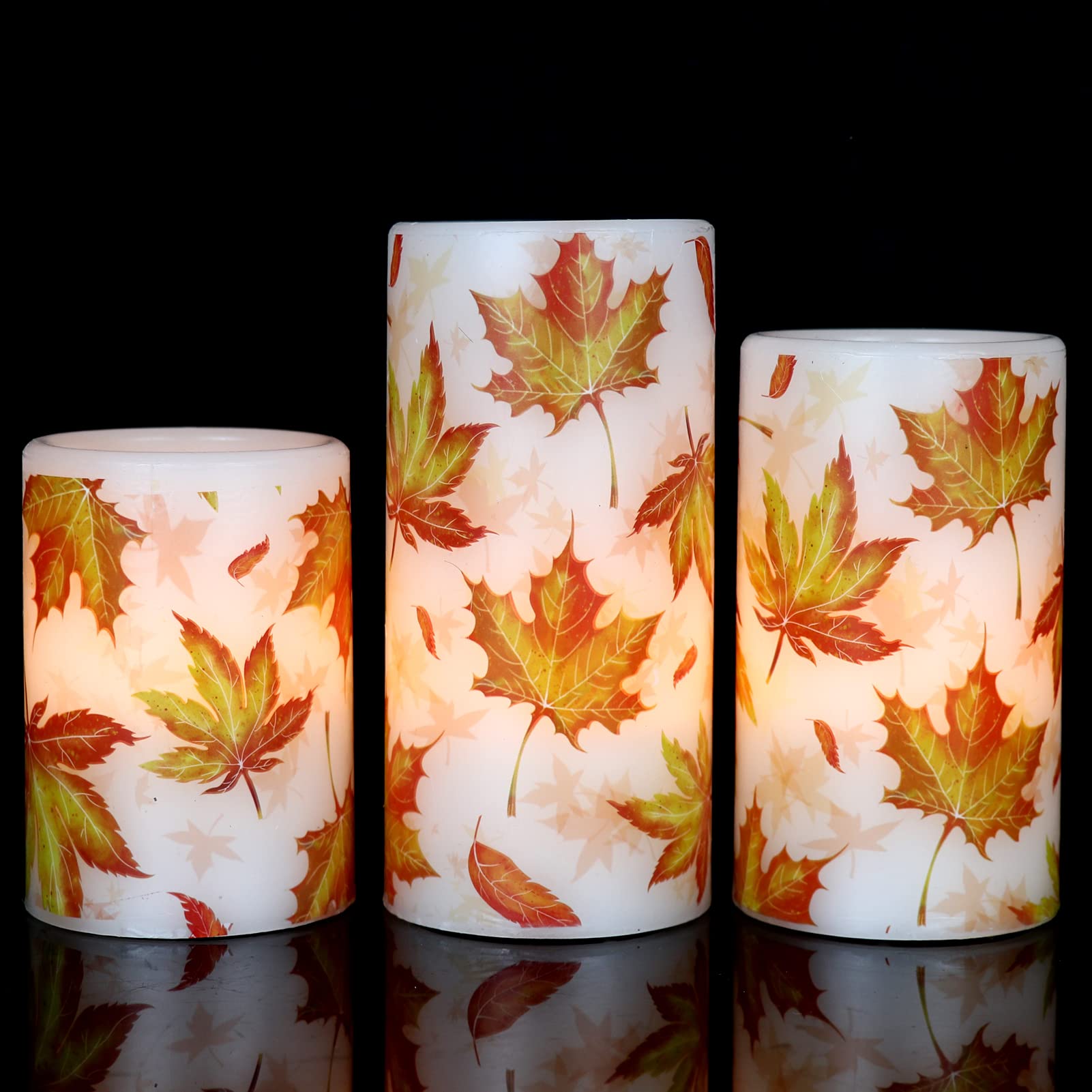 Genswin Maple Leaf Flickering Flameless Candles Battery Operated With 6 Hours Timer, Real Wax Led Pillar Led Candles Christms We