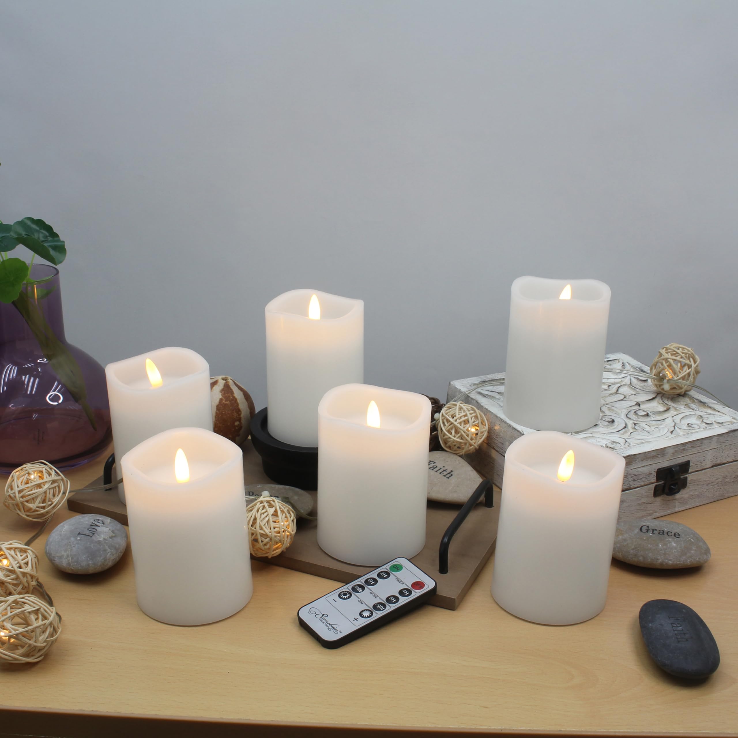 Stonebriar 6 Pack Real Wax 3X4 Flameless Led Pillar Candles With Remote And Timer