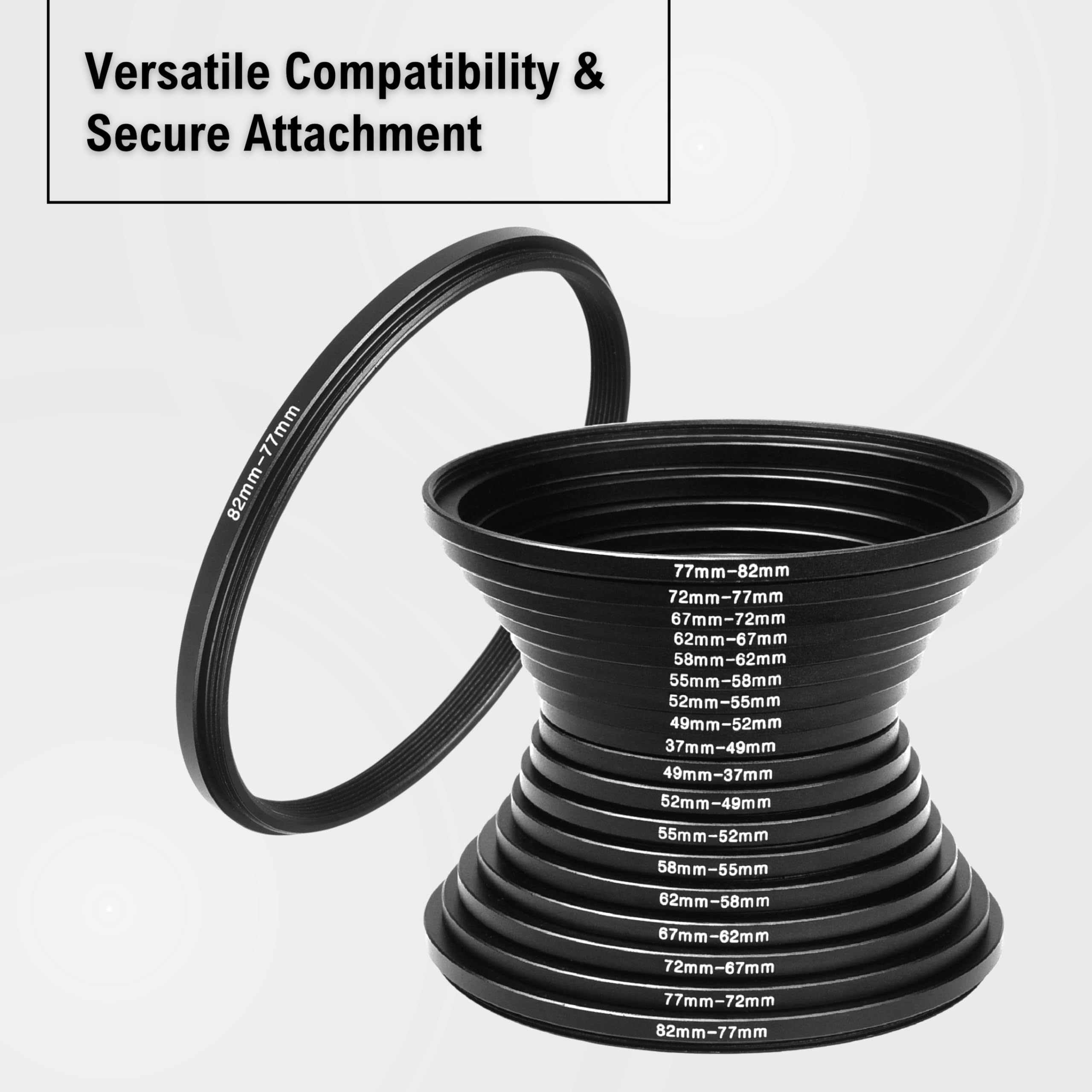 18 Piece Filter Ring Adapter Set   9X Step Up Rings And 9X Step Down Rings For Lens Filters, Lens Hoods, And Lens Converters   Includes 4X Microfiber Cleaning Cloths (7X6 Inches)