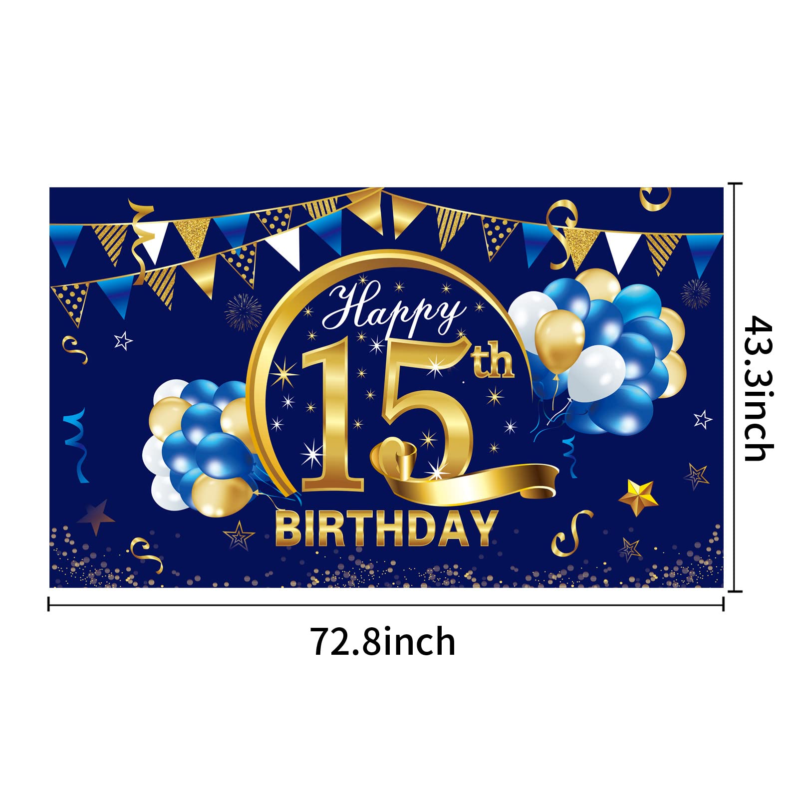 Happy 15Th Birthday Banner Decorations For Boy   Blue Gold 15 Birthday Backdrop Party Supplies   15 Year Old Birthday Photo Back