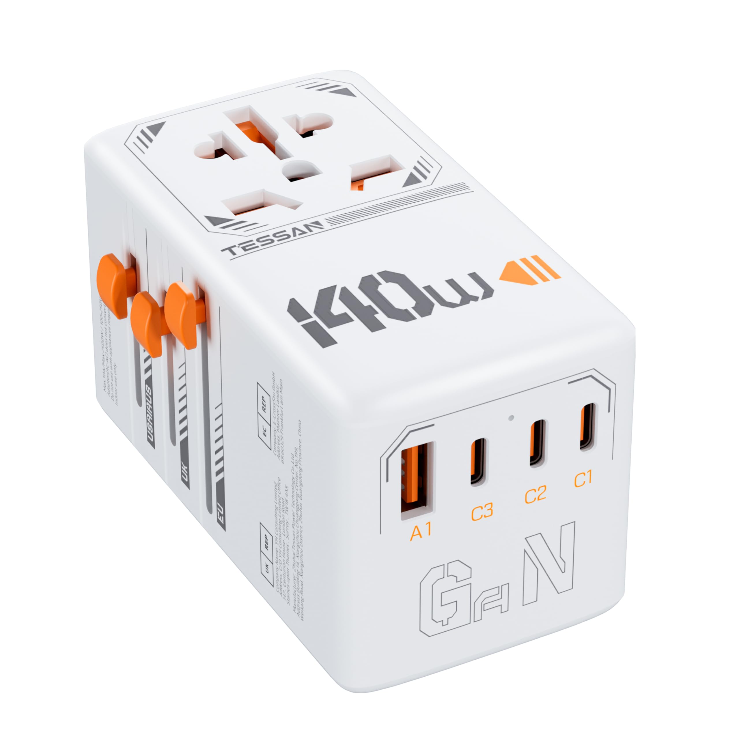 140W Gan Universal Travel Adapter, Tessan International Plug Adaptor With 1 Usb A And 3 Usb C Charging Ports, Worldwide Power Ou