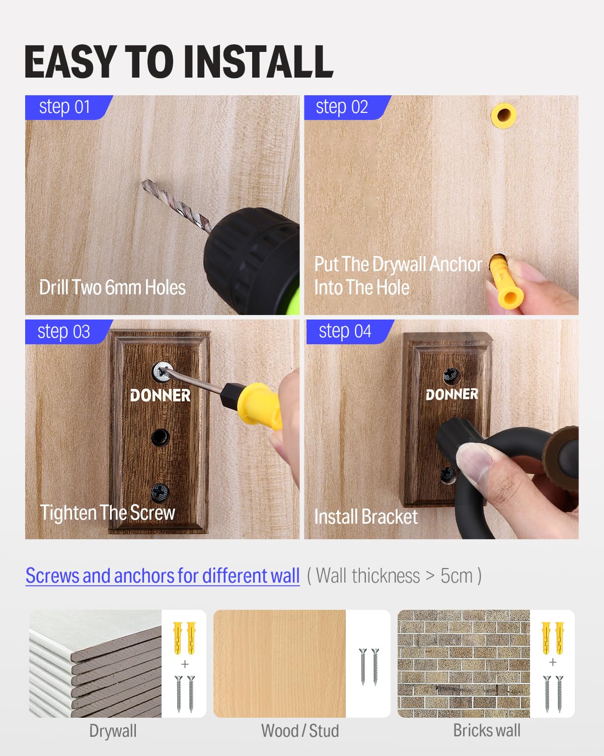 Donner Guitar Wall Mount Hanger 6 Pack, Black Walnut Guitar Wall Holder For Acoustic Electric Guitars, Bass, Folk Ukulele, Violi