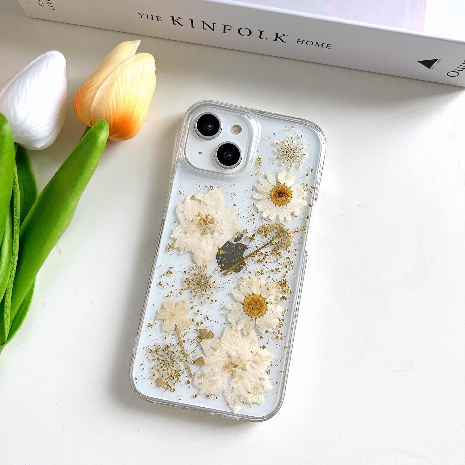 Lseeka For Iphone 13 / Iphone 14/ Iphone 15 Clear Case With Pressed Real Flowers Design,Glitter Cute White Floral Pattern Soft T
