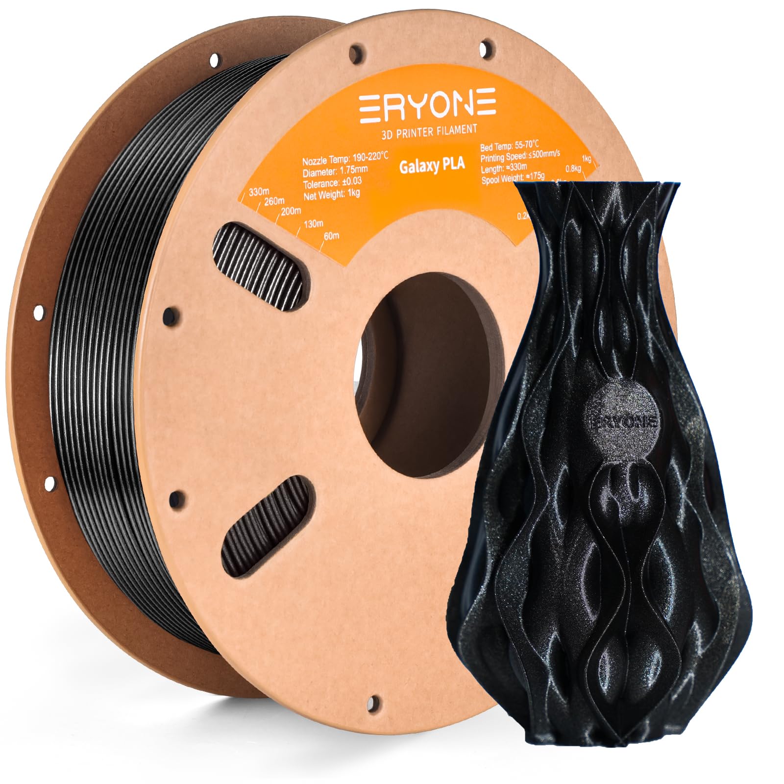 Eryone Sparkly Glitter Shining Pla Filament For 3D Printer, 1.75Mm, Tolerance: 0.03Mm, 1Kg(2.2Lbs)/Spool, Black