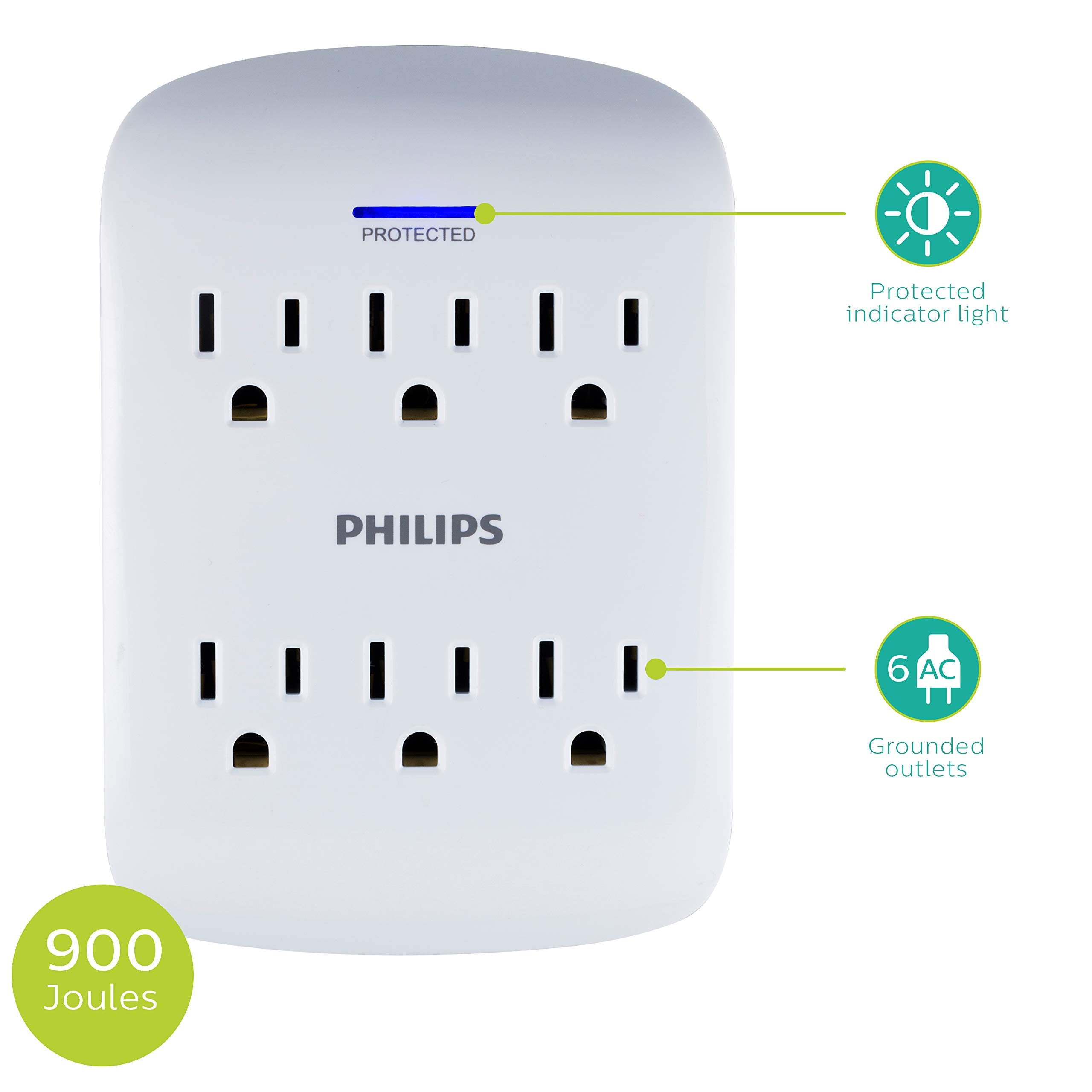Philips 6 Outlet Surge Protector Tap, 900 Joules, Space Saving Design, Protection Indicator Led Light, Gray & White, Spp3461Wa/3