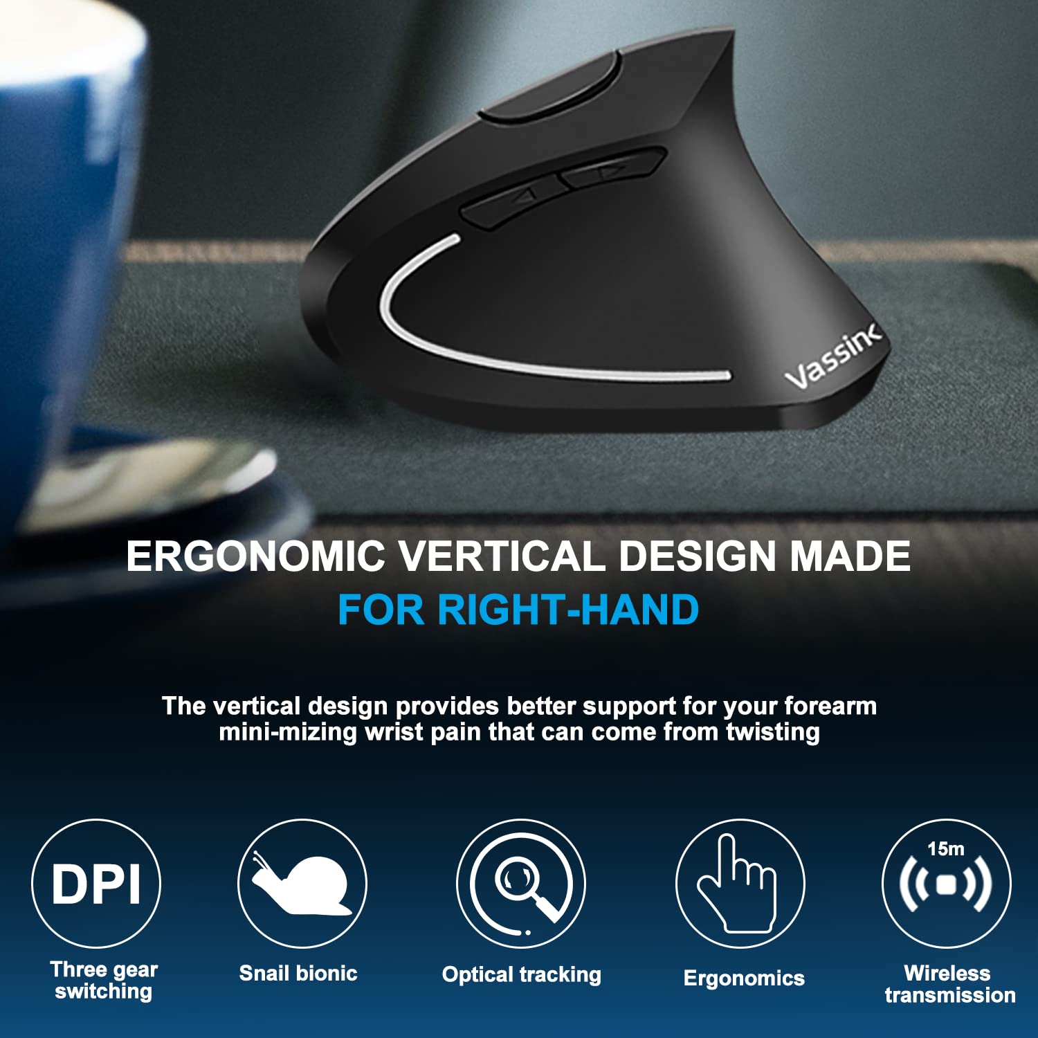 Vassink Wireless Mouse Ergonomic Mouse Rechargeable Vertical Optical Mice With Usb Receiver, 6 Buttons 2.4Ghz Adjustable Dpi 800