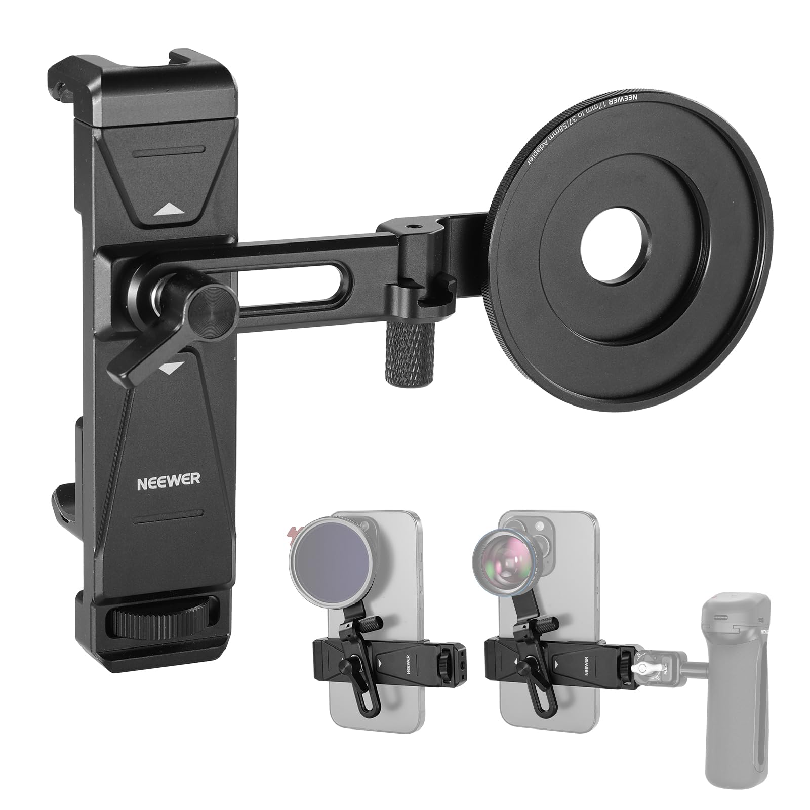 NEEWER Phone Holder with 17mm Phone Adapter & 17-37/58mm Filter Ring, Universal Adjustable Phone Tripod Mount Accessories Compat