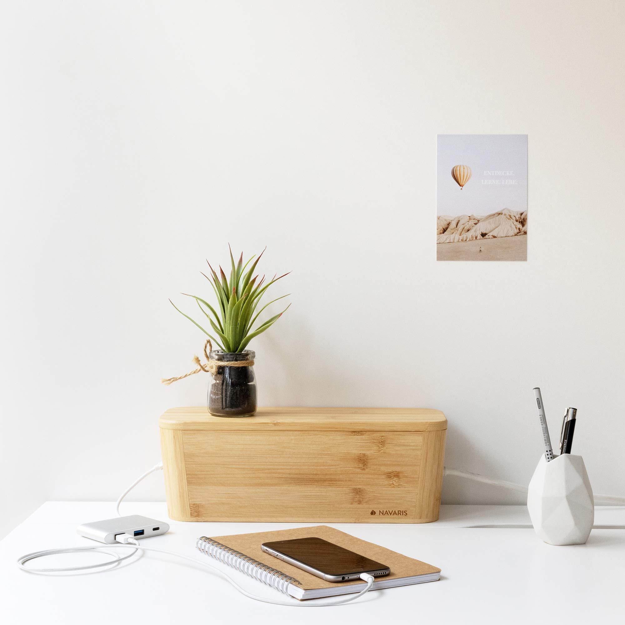 Navaris Cable Tidy Box   Bamboo Cable Storage Box Organizer For Wires, Cables, Extension Sockets, Chargers, Plugs, Tv, Network A